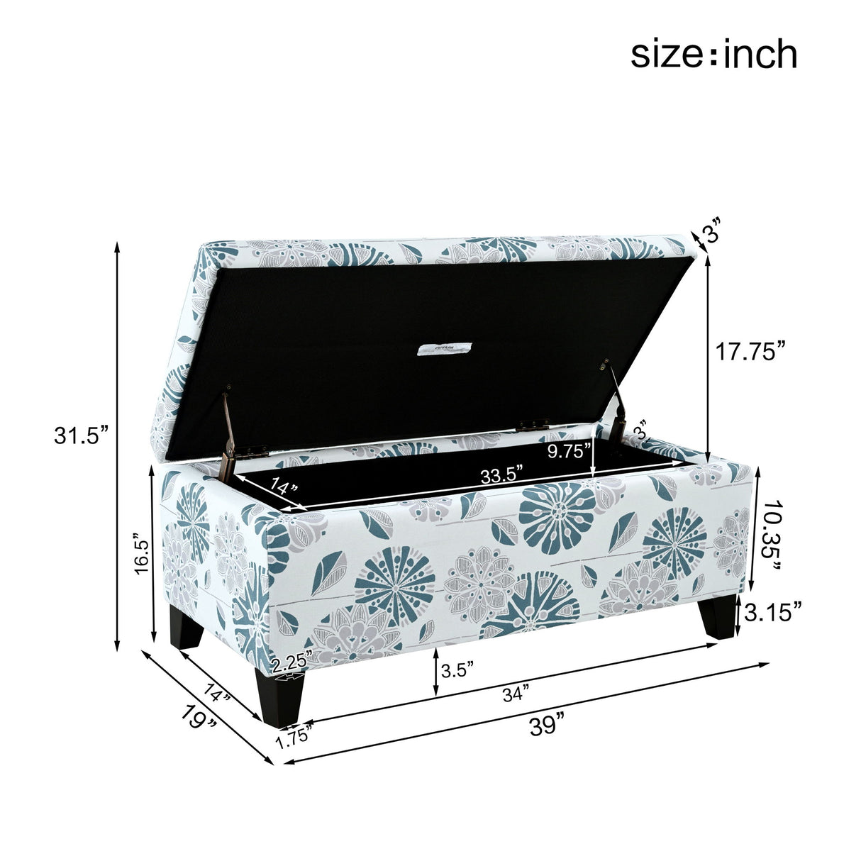 Luxury Storage Ottoman With Floral Patterned Fabric, Soft-Close Hinges, Multi Functional