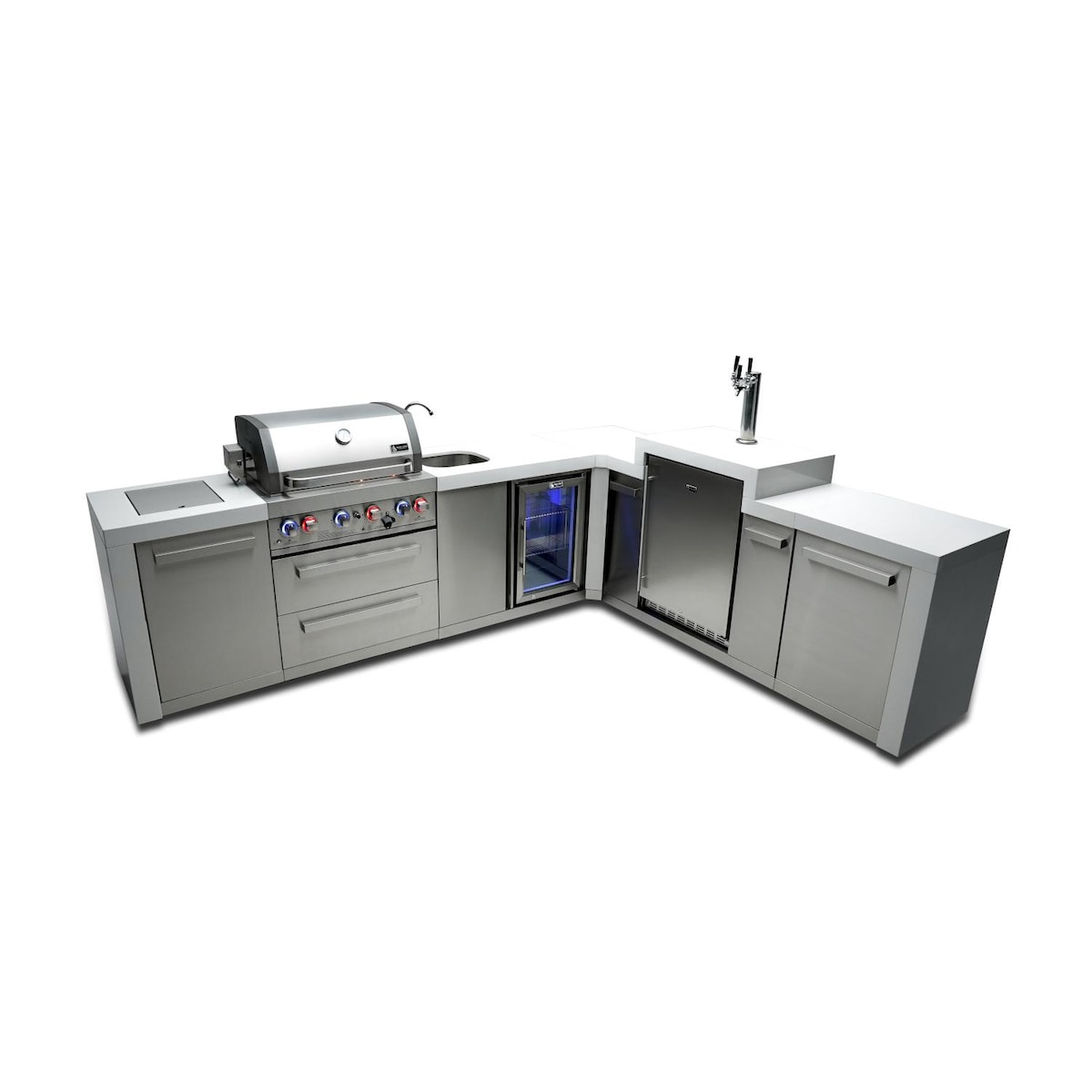 Mont Alpi Deluxe Series 11.5 Ft L-Shaped Propane Outdoor Kitchen Island w/ Side Burner, Beverage Center & Kegerator - MAi400-D90KEGBEV