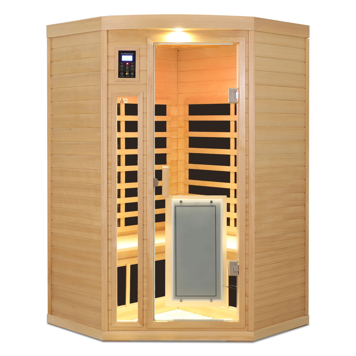 Low Emf Front Door With Heating Panel 2 Persons Hemlock Far Infrared Corner Indoor Sauna Room - Natural