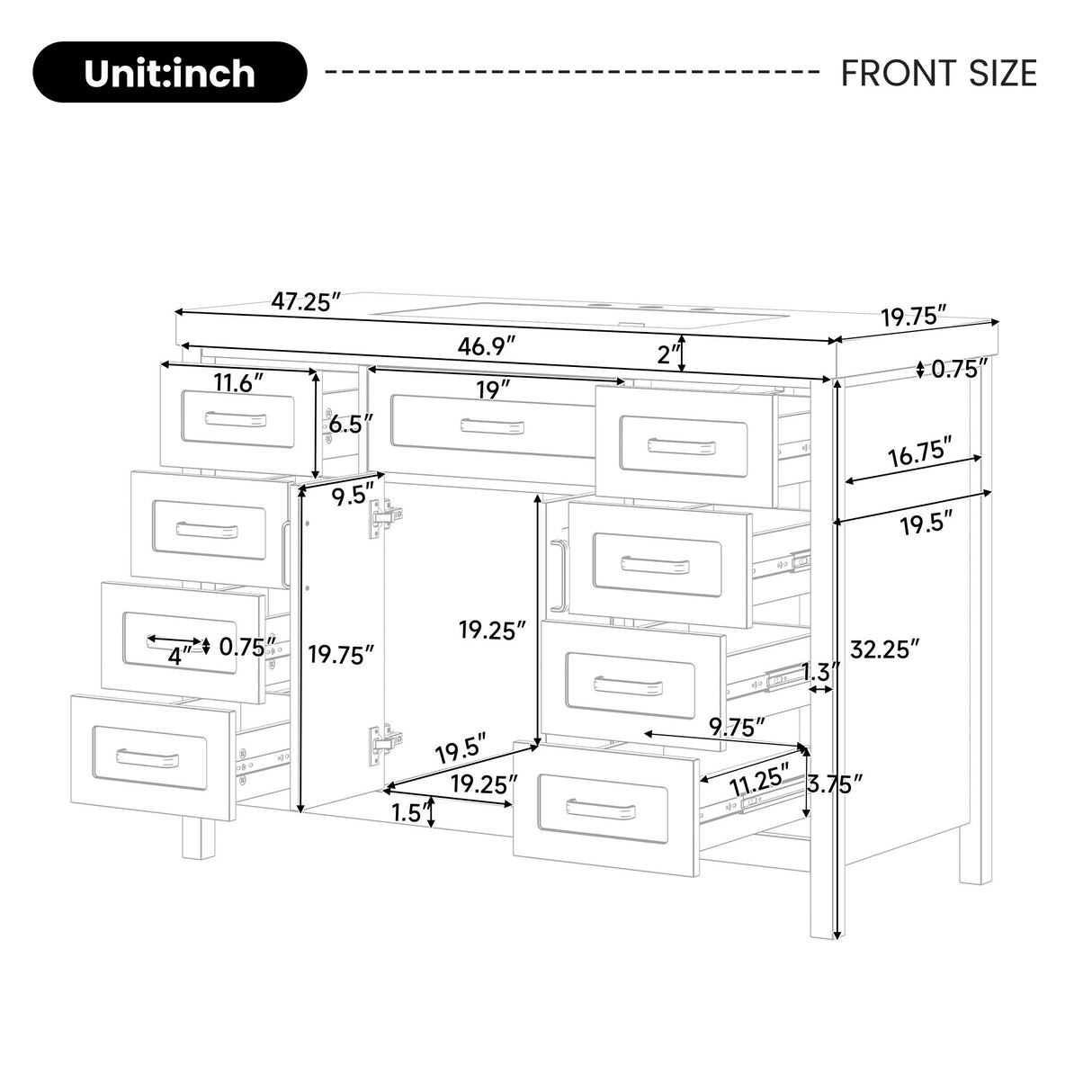 Bathroom Vanity With Sink, 2 Doors 8 Drawers, Soft Close System, Classic Design
