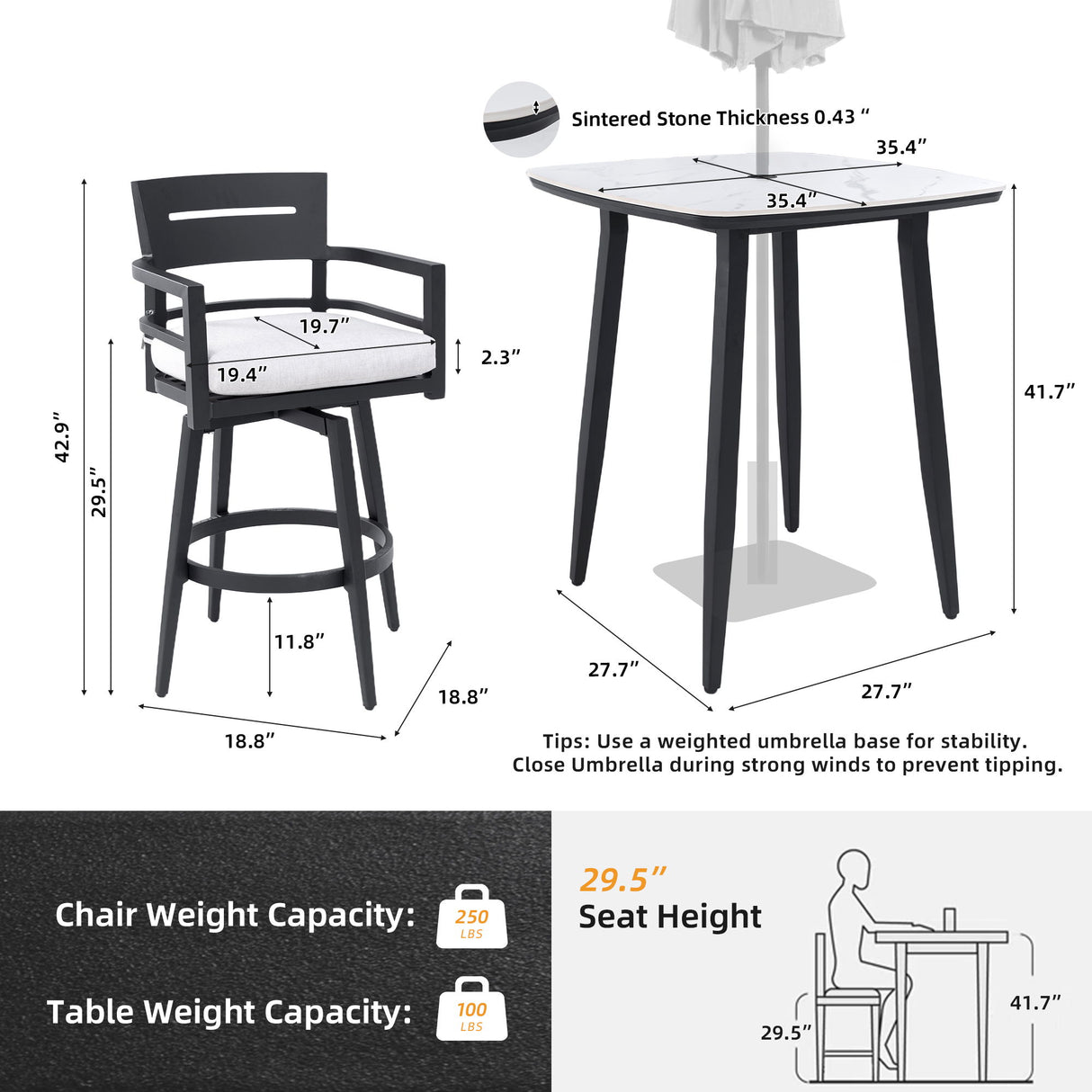 Modern Outdoor Patio Bar Set, Rounded Square Table & Bar Chairs, Non Rust Frame, Tapered Legs, Sunbrella Cushion