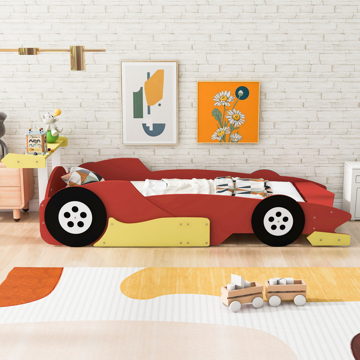 Race Car-Shaped Platform Bed With Wheels