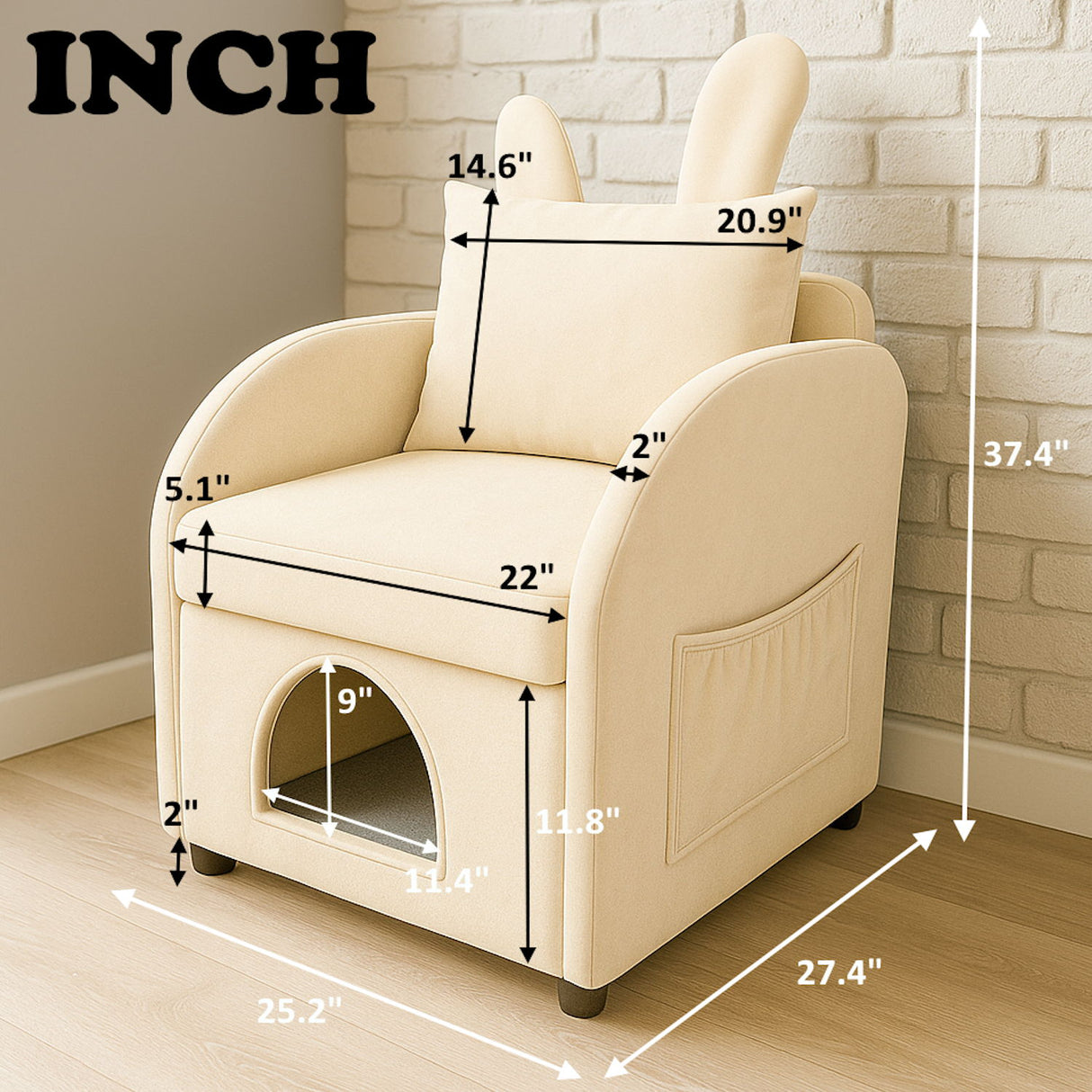 Bunny Ear Pet Friendly Armchair With Hidden Pet House With Storage Pocket For Bedroom & Living Room - Beige