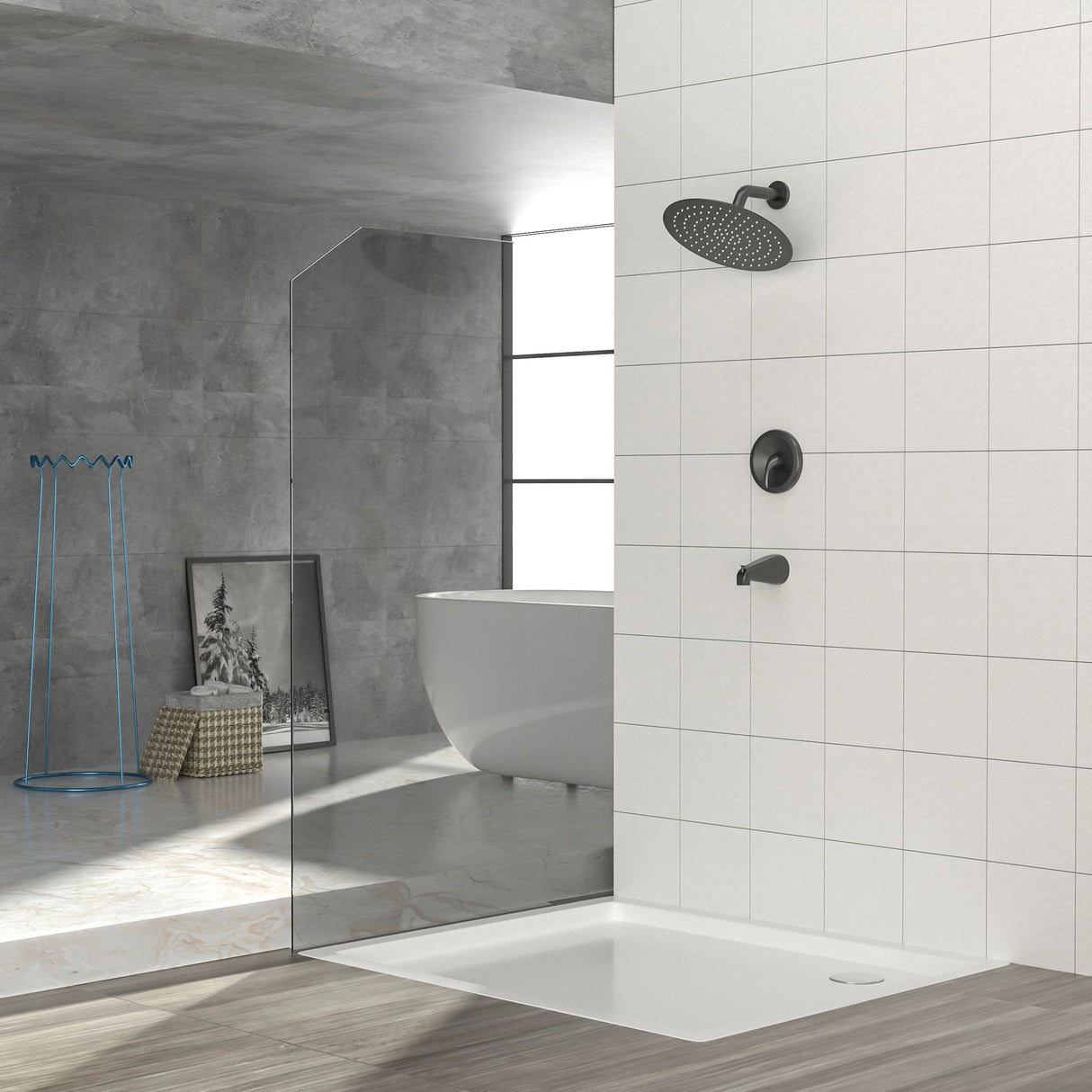 10" Round Rain Shower Head System With Waterfall Tub Spout, Wall Mounted, Stainless Steel
