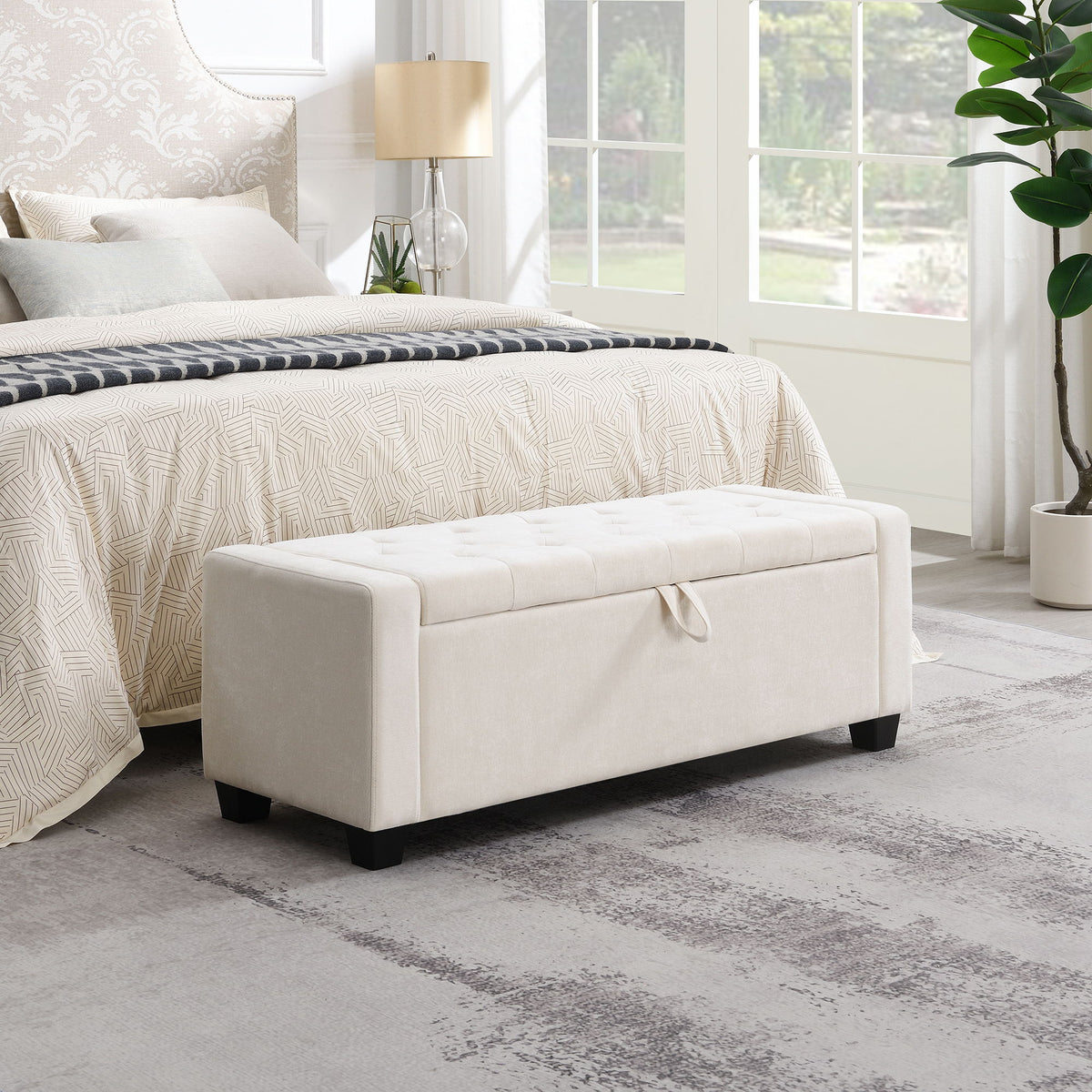 Upholstered Storage Ottoman Bench With Button Tufting And Safety Hinge