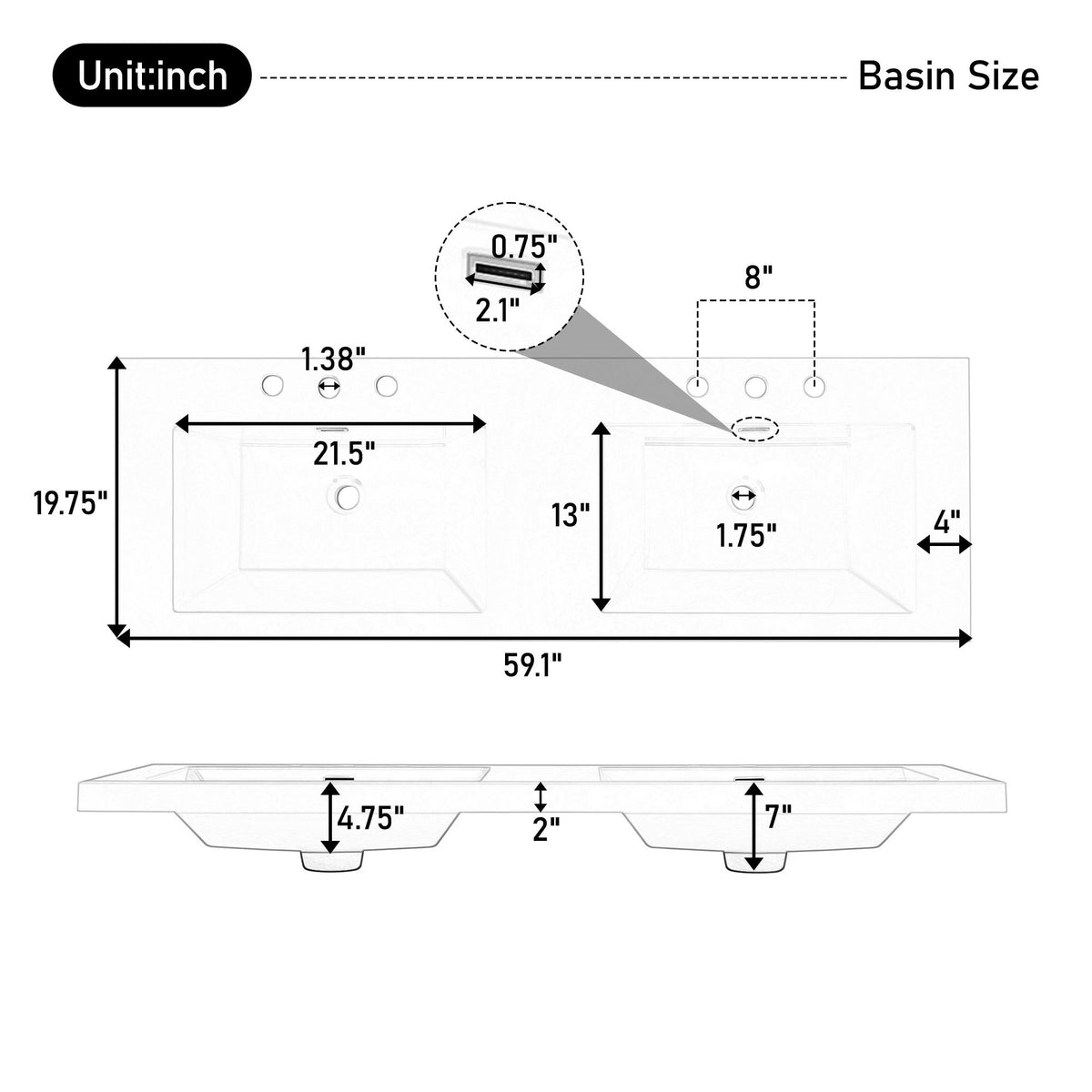 Vanity Top With Undermount Rectangular Double Sinks, Faucet Holes - White