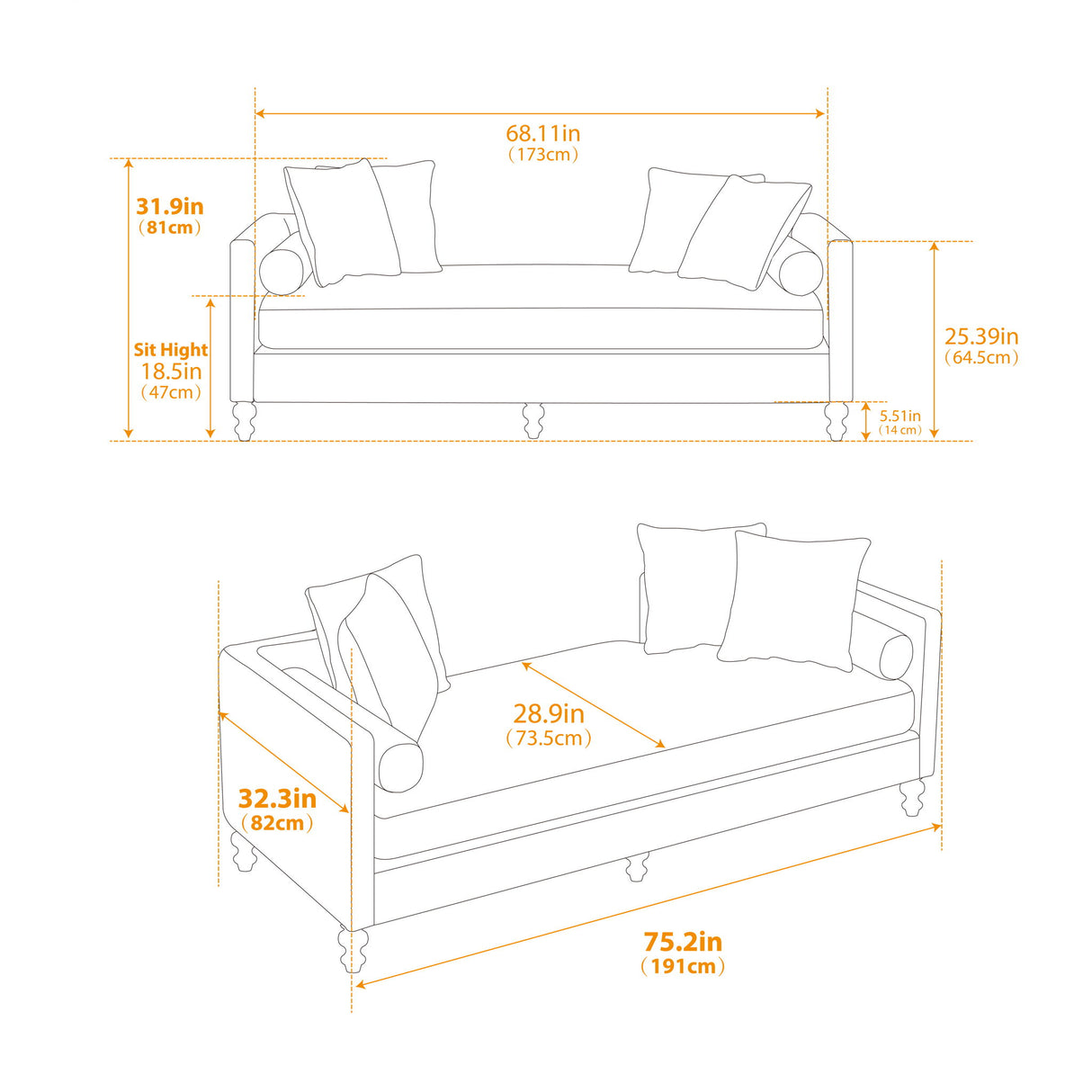 Upholstered Chaise Lounge Indoor With Nailheads, Sleeper Sofa Couch With 4 Throw Pillows & 2 Bolsters, Daybed With Rubberwood Legs
