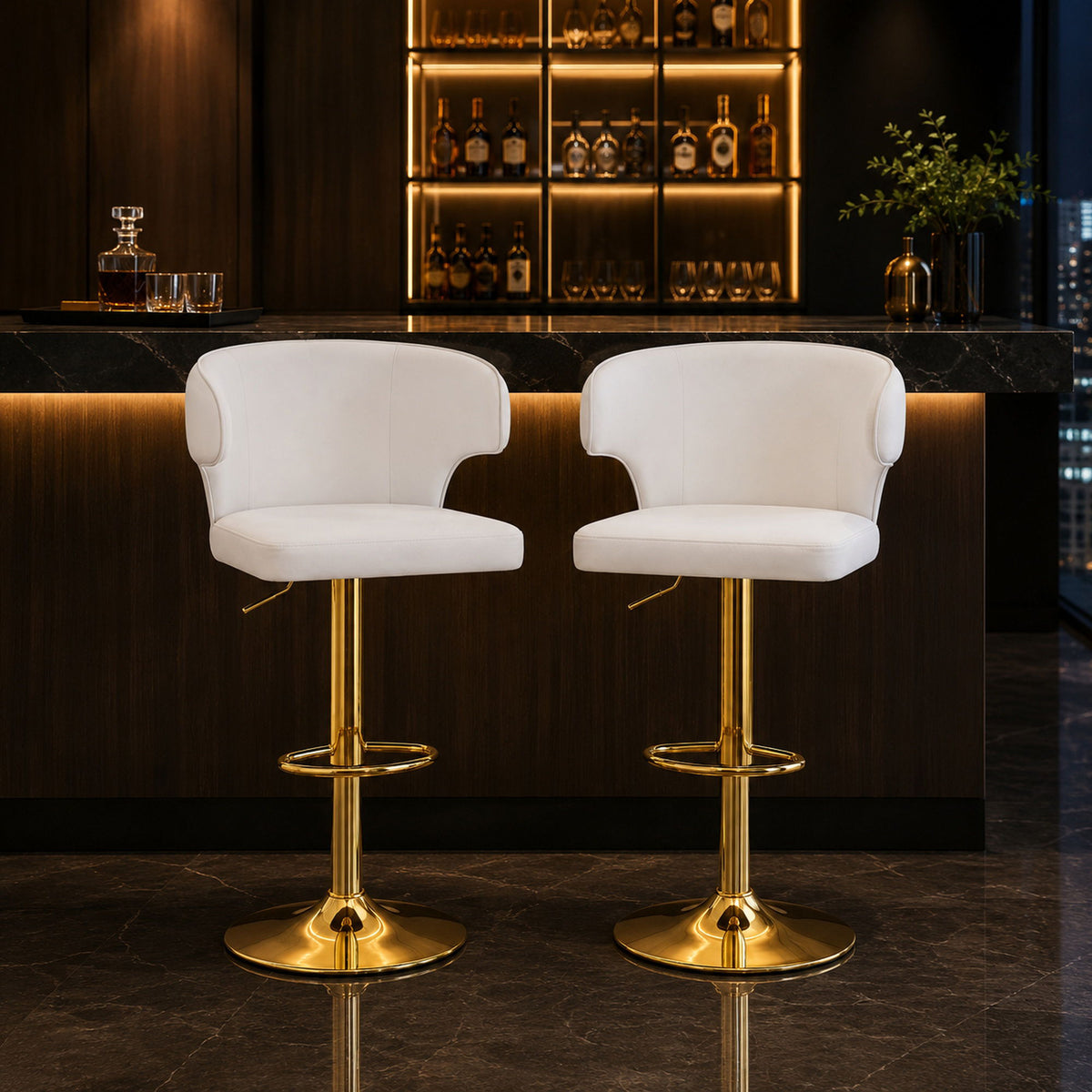 Adjustable Swivel Bar Chair With High Back Support For Kitchen Counter (Set of 2) - Gold / White
