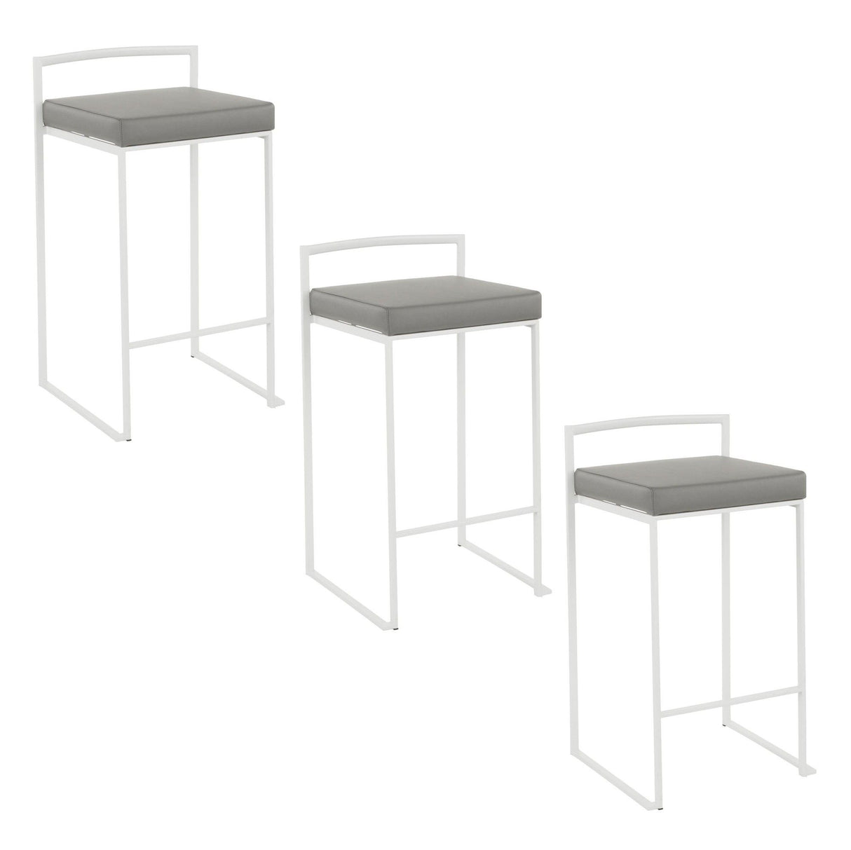 Fuji - 26" Stackable Counter Stool (Set of 3) - White Metal With Gray Faux Leather Cushion