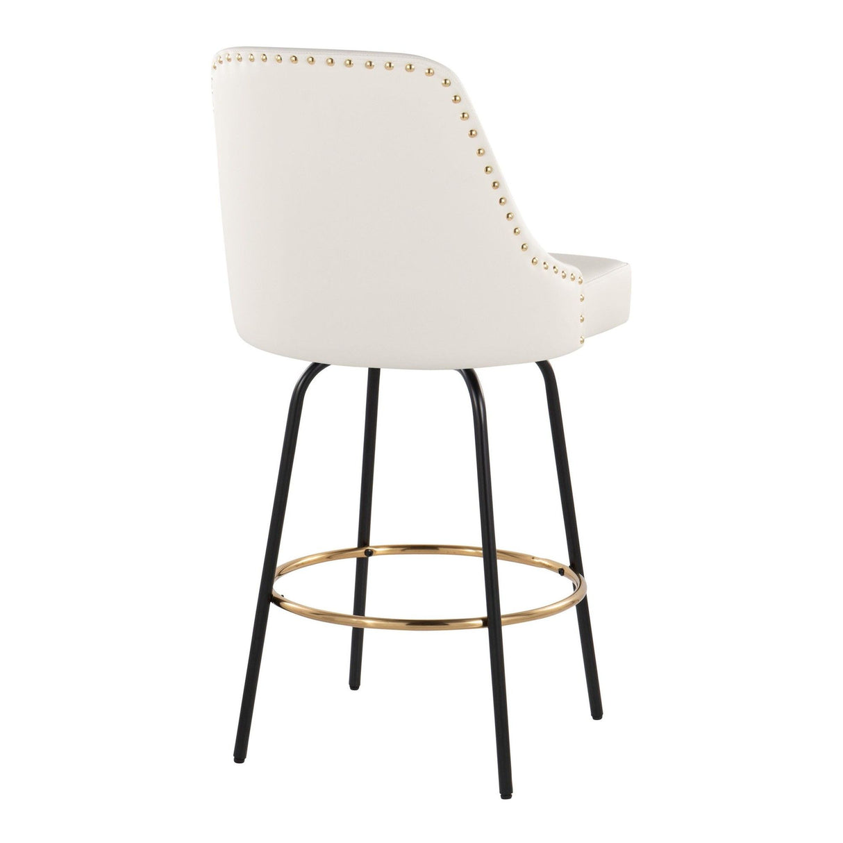 Studded - Marcel Fixed-Height Counter Stool (Set of 2) - Black Metal, White Faux Leather, Gold Metal