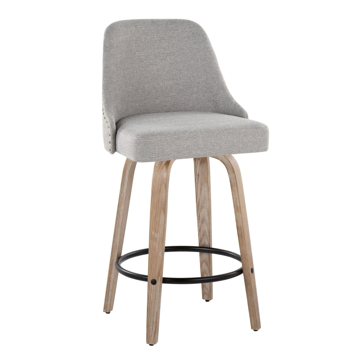 Studded - Marcel Fixed-Height Counter Stool (Set of 2) - Whitewashed Wood, Light Gray Fabric, Brass Metal, Black Metal