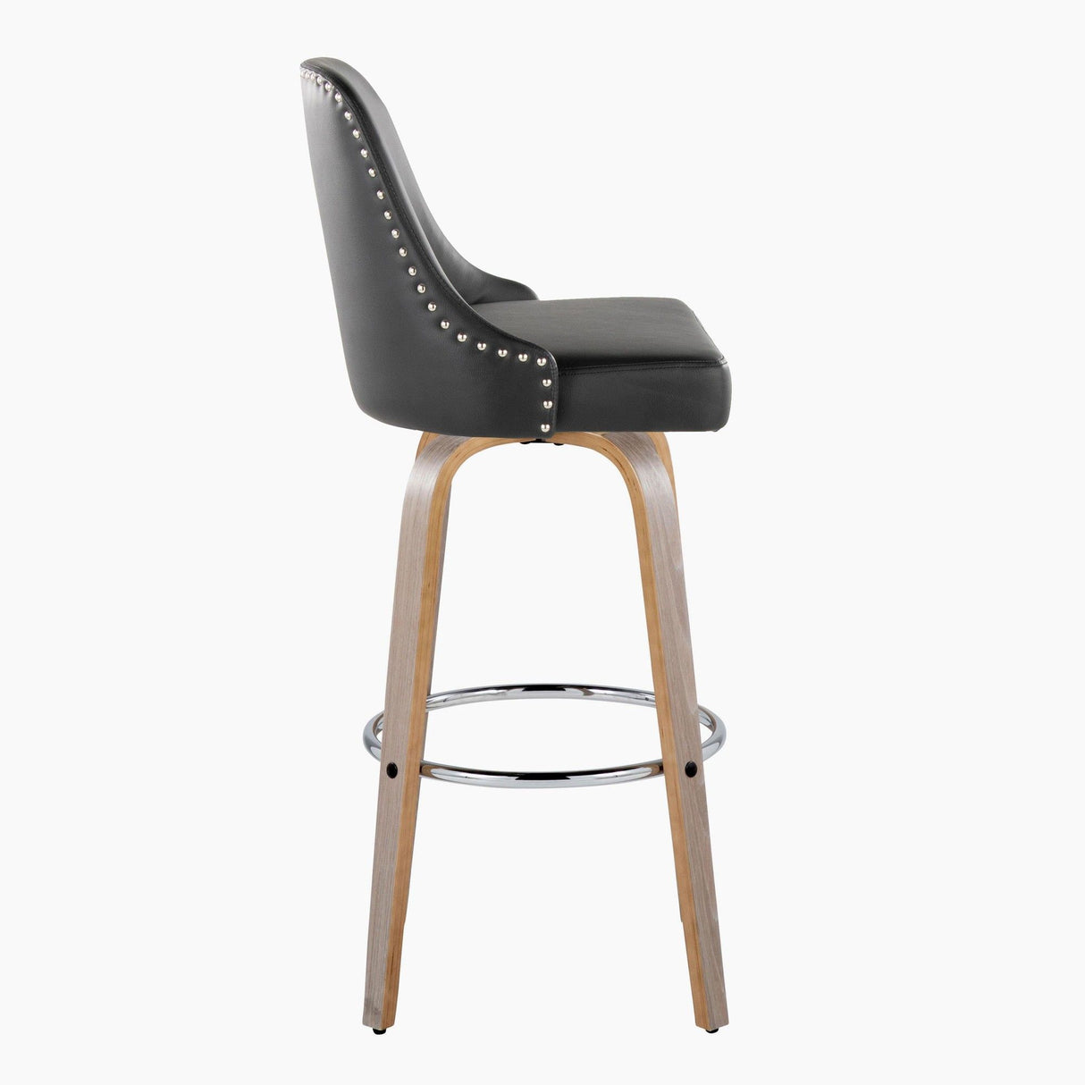 Studded - Marcel Fixed-Height Barstool (Set of 2) - Light Gray Wood, Black Faux Leather, Chrome Metal