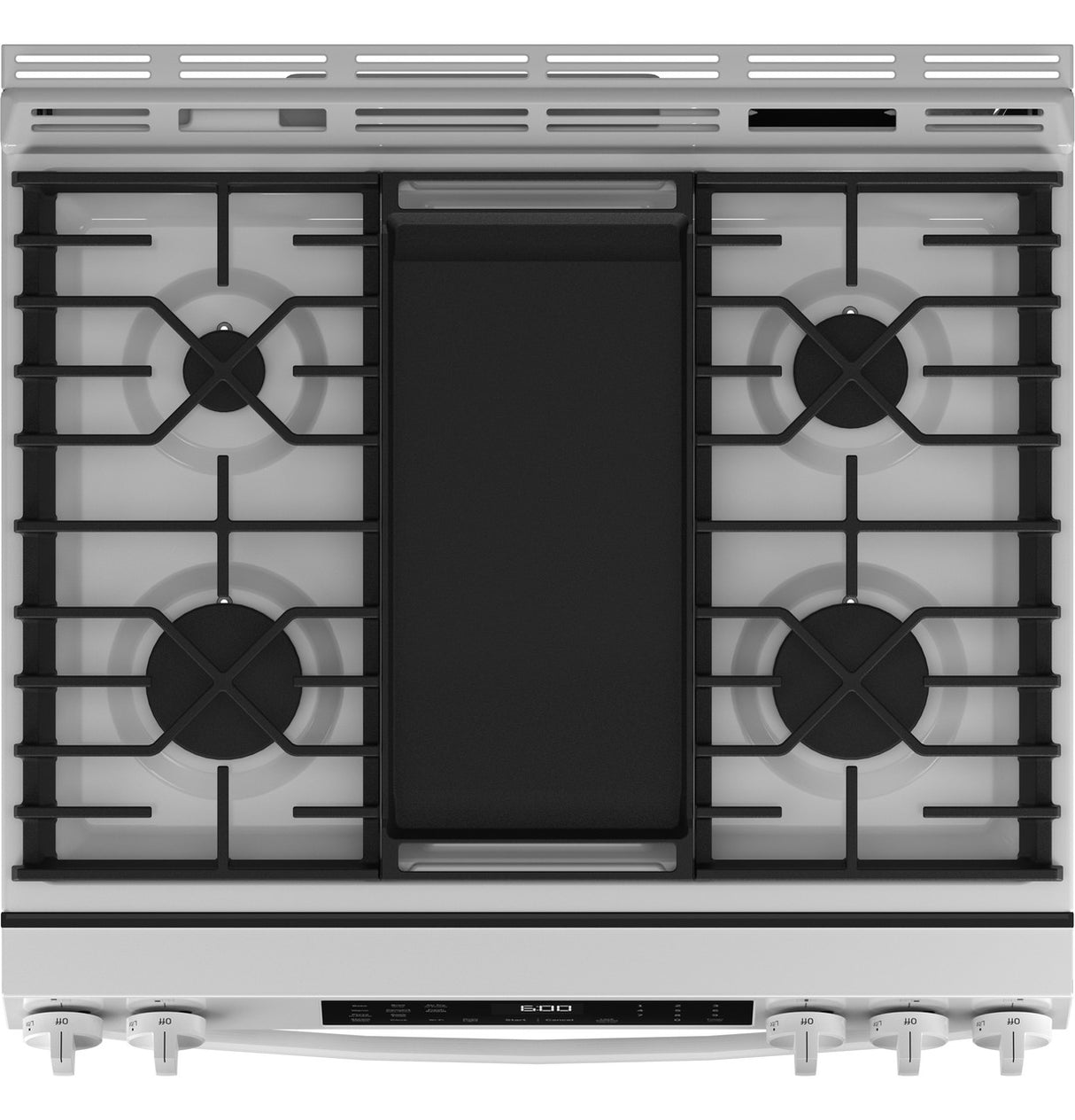 GE GGS600AVWW white slide-in gas range angled view