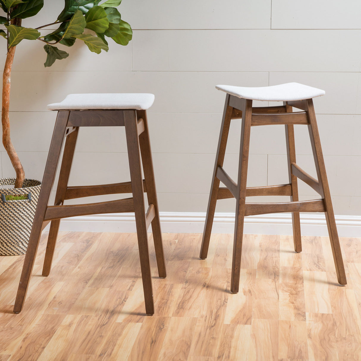 Mid Century Modern Bar Stool Set With Upholstered Seating