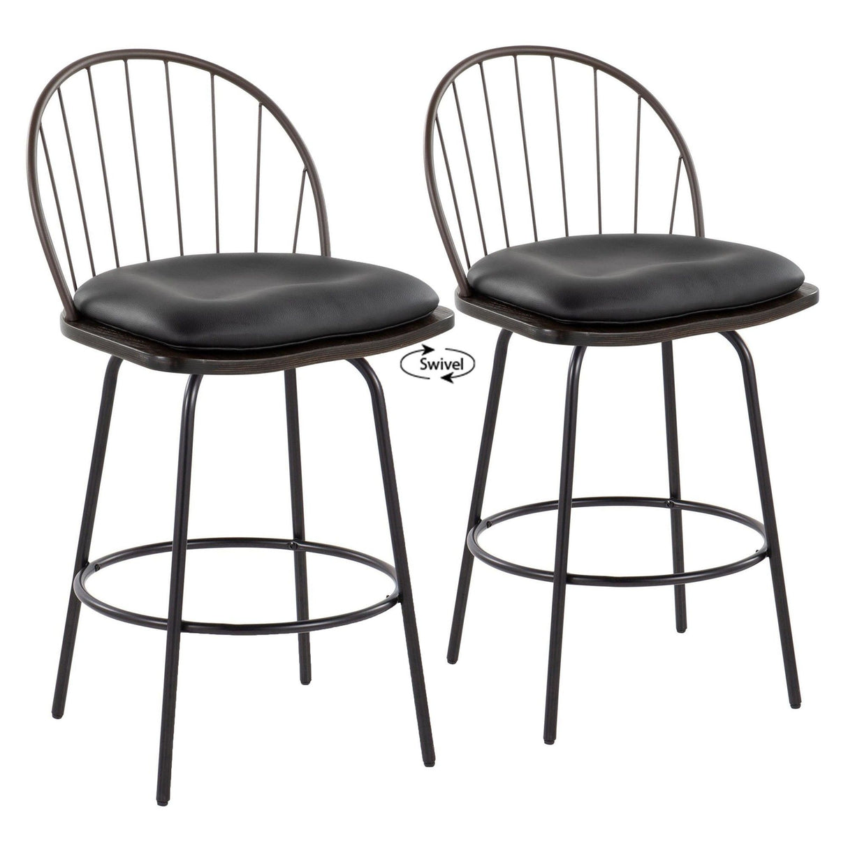 Riley - Claire Farmhouse Fixed-Height Swivel Counter Stool (Set of 2) - Black Metal, Bronze Metal, Walnut Wood And Brown Faux Leather With Round Black Metal Footrest