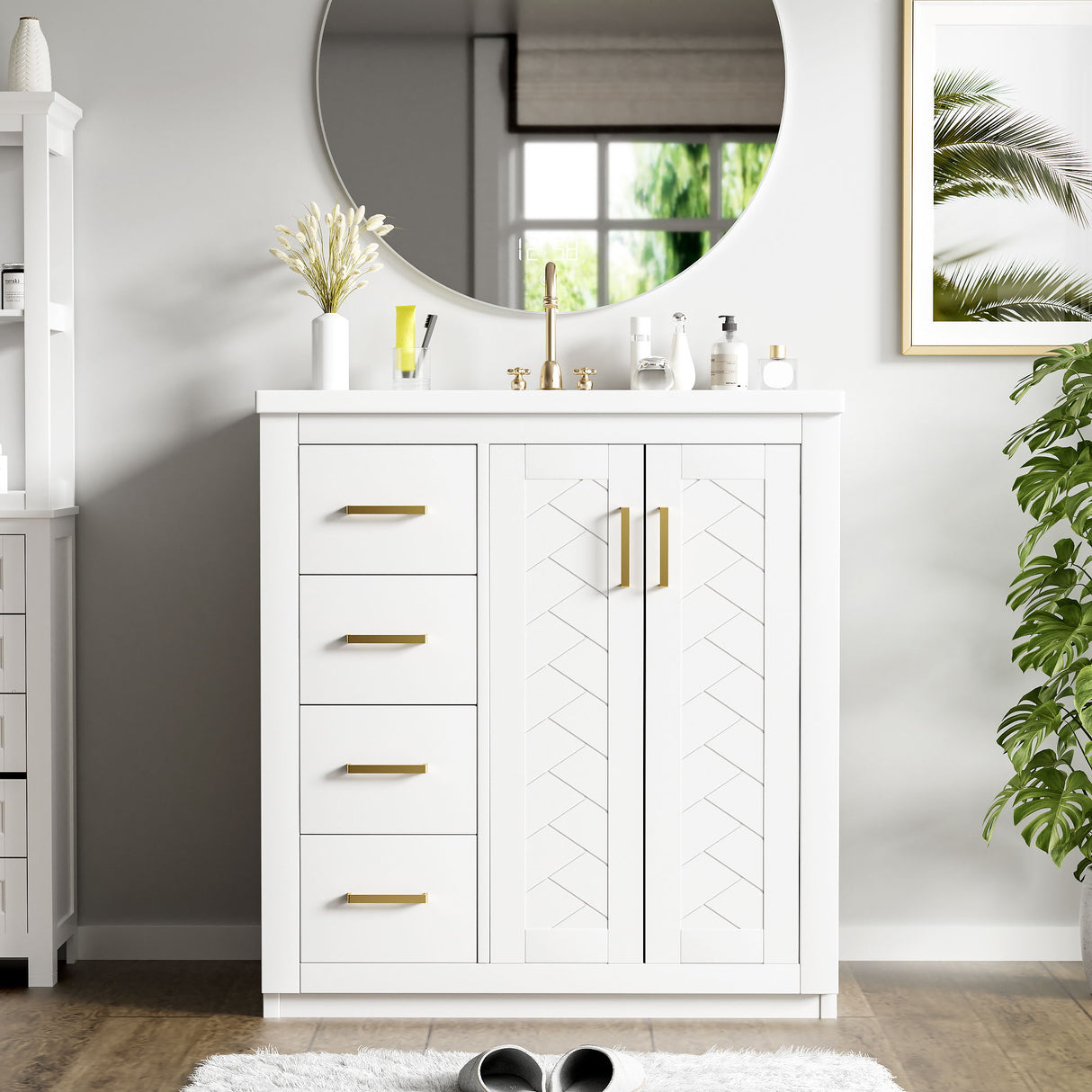 Ceramic Sink Combo, Freestanding Vanity Set With 3 Drawers & Soft Closing Doors