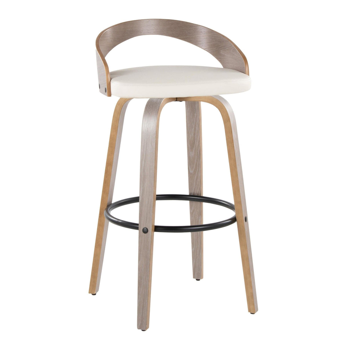 Grotto - Fixed-Height Barstool (Set of 2) - Light Gray Wood, Black Metal, White Faux Leather