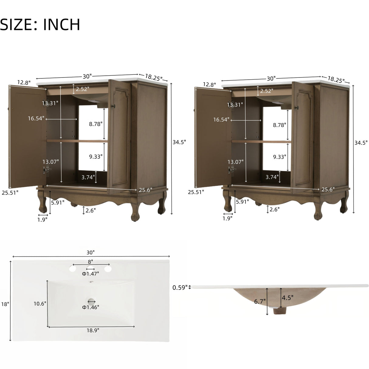 Vintage Double Sink Bathroom Vanity Set With Ceramic Sinks