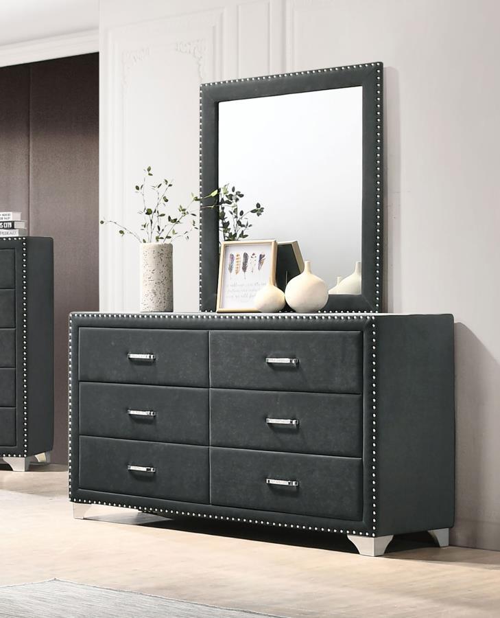 Melody - 6-Drawer Upholstered Dresser With Mirror - Gray