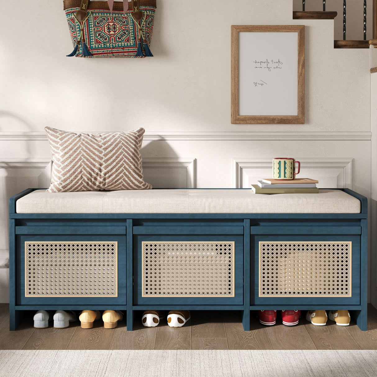 Entryway Shoe Bench With Drawers & Button Tufted Cushion