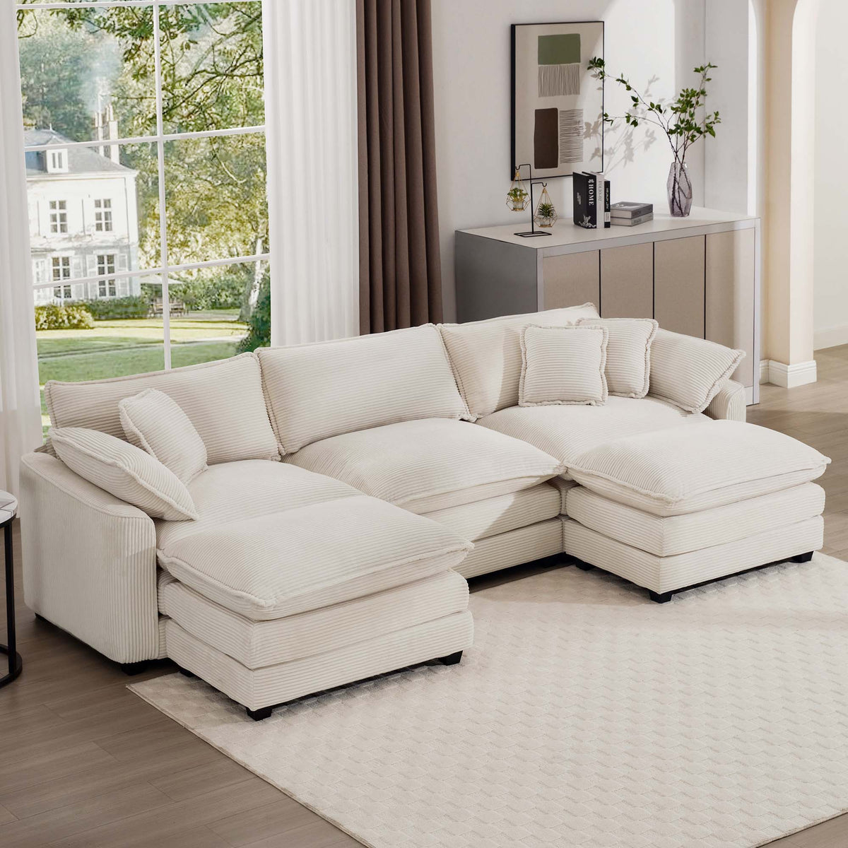 Modern Oversized Modular Cushion Sofa With Ottoman, Low Back, Deep Seating Sofa Set