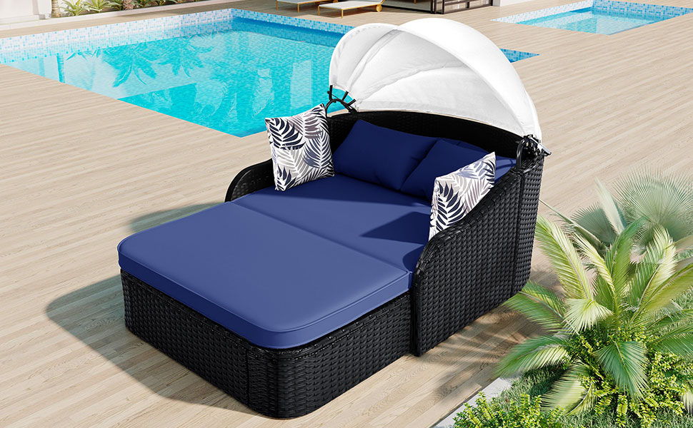 Outdoor Sunbed With Adjustable Canopy, Daybed With Pillows, Double Lounge, PE Rattan Daybed