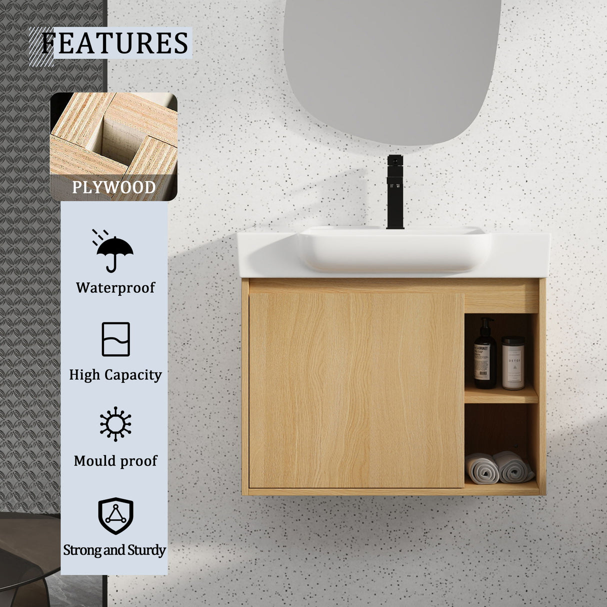 Wall Mounted Bathroom Vanity With Sink & Soft Close Door