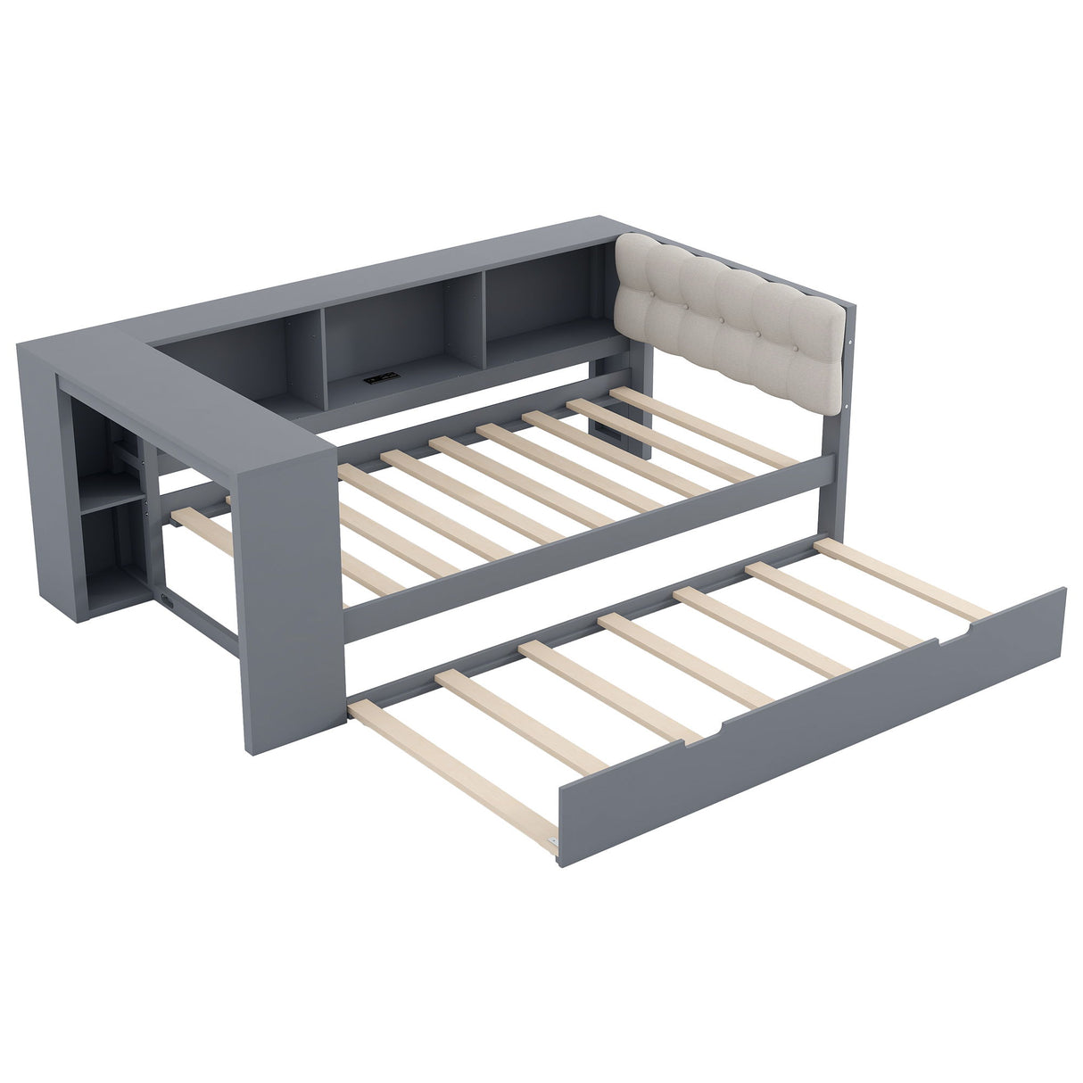 Upholstered Headboard Platform Bed With Storage Shelves, Trundle, Charging Station