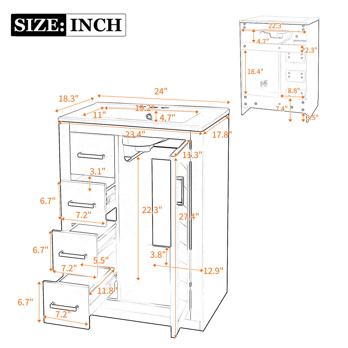 Bathroom Vanity With Integrated Sink, Rectangular Cabinet With 1 Door And 3 Drawers