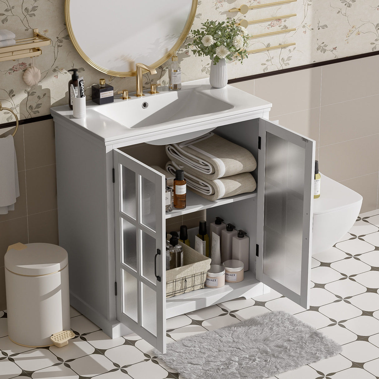 Modern Bathroom Vanity With Ceramic Sink, Tempered Blurred Glass Doors