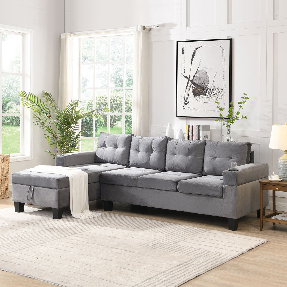 Modern Sectional Sofa Set With L Shape Chaise Lounge And Storage