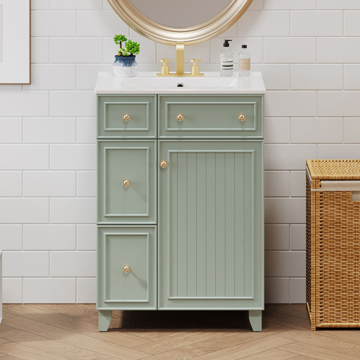 Transitional Style Bathroom Vanity Cabinet With Ceramic Sink