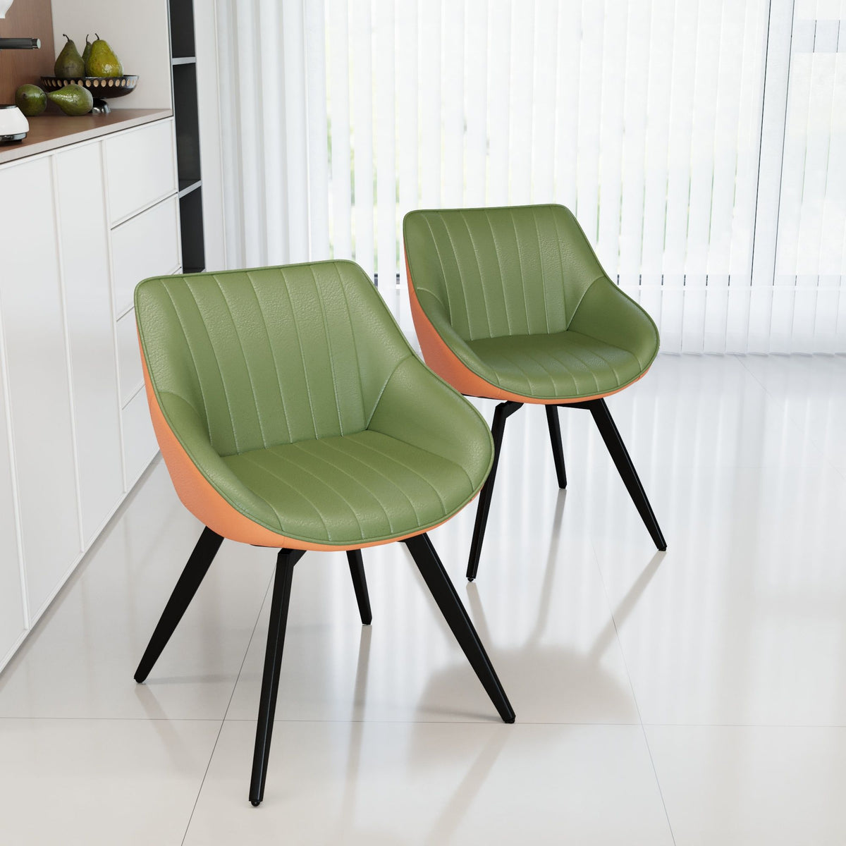 Medieval - Modern Kitchen Dining Chairs (Set of 2) With Black Metal Legs 360° Rotate - Green / Orange