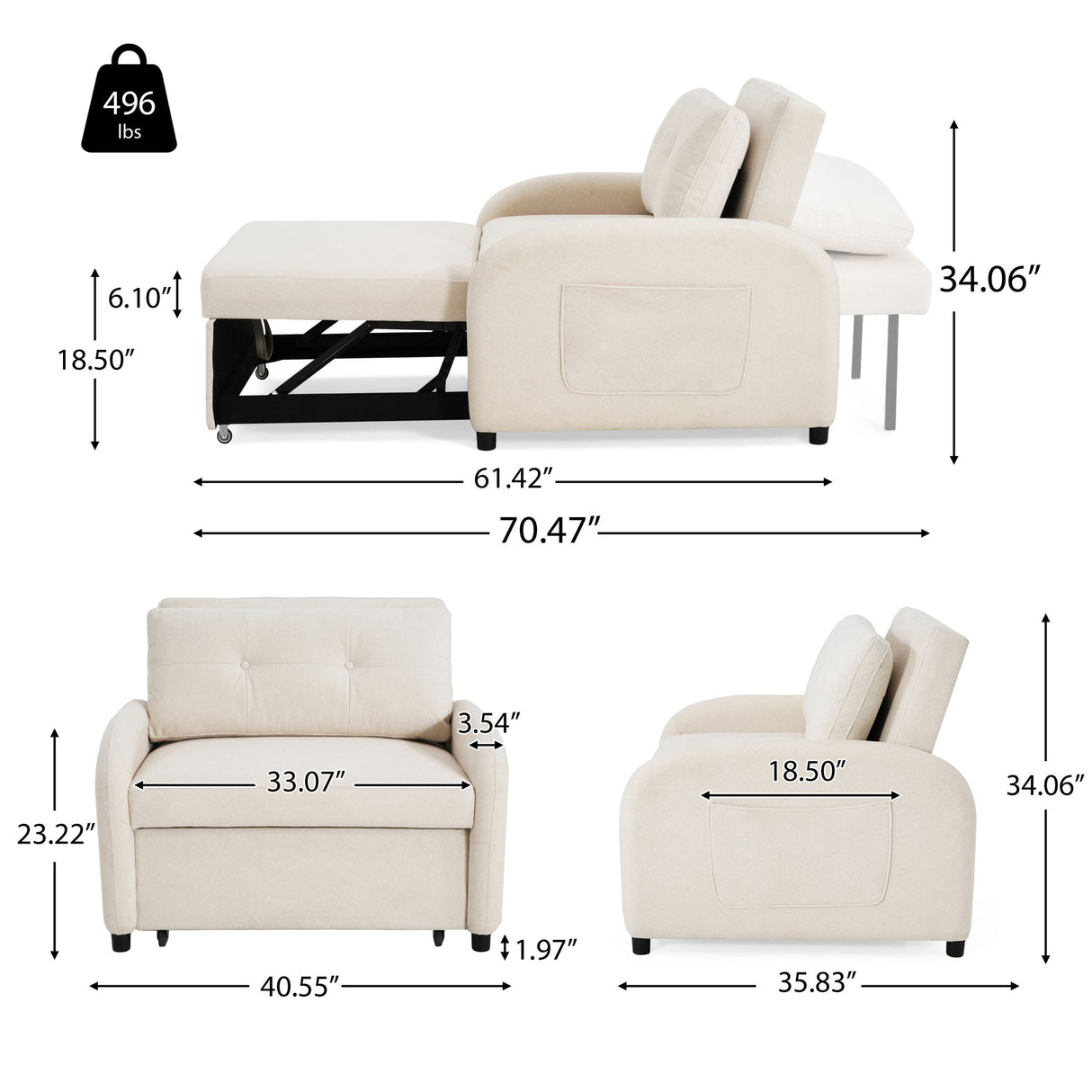 3 In 1 Convertible Sleeper Sofa Bed For Living Room