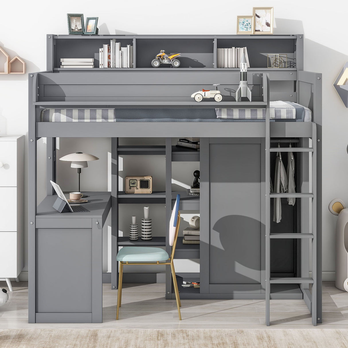Loft Bed With Built In Desk, Storage Shelves, And Wardrobe