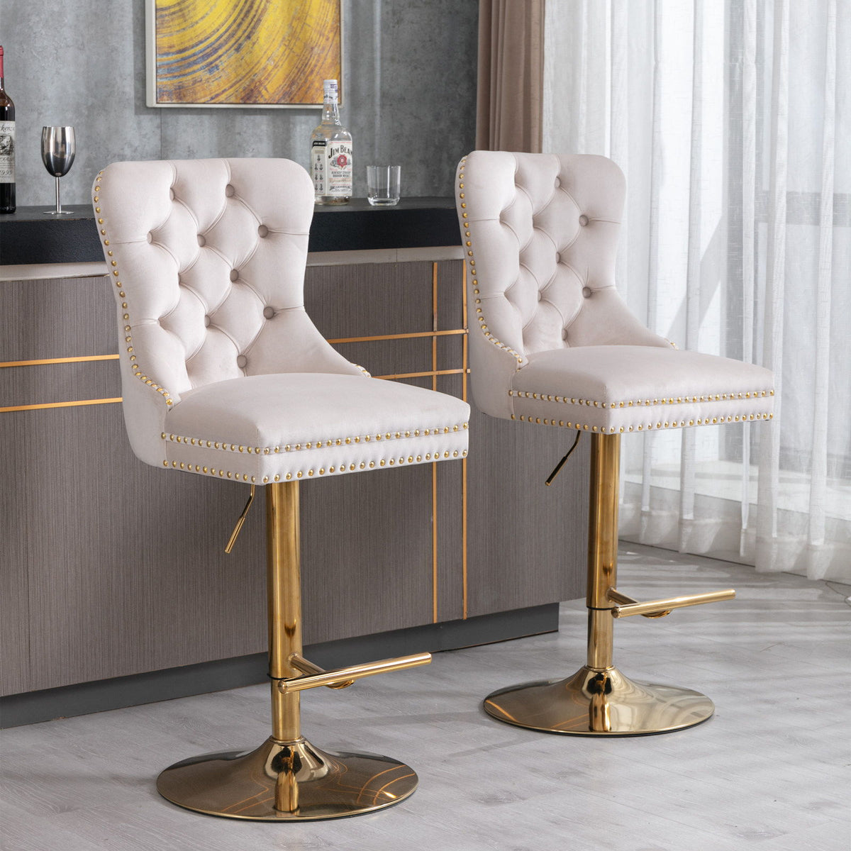 Thick Swivel Barstools Adjusatble Seat Height From 25-33", Modern Upholstered Bar Stools With Backs Comfortable Tufted For Home Pub And Kitchen Island (Set of 2)