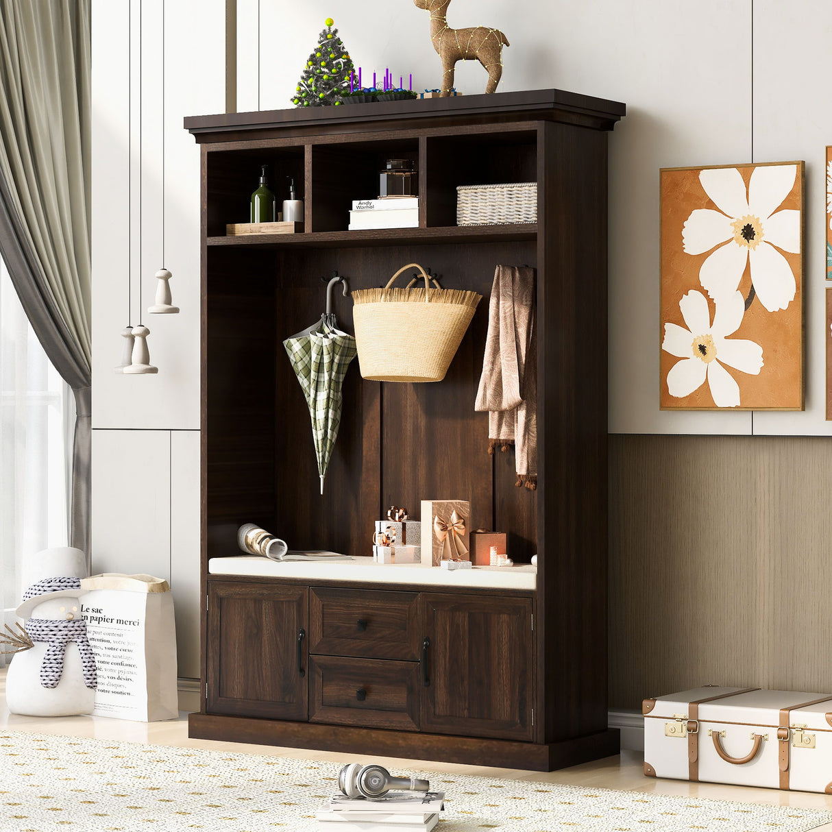 Hall Tree With 3 Hooks, Coat Hanger, Entryway Bench, Storage Bench, 3 In 1 Design