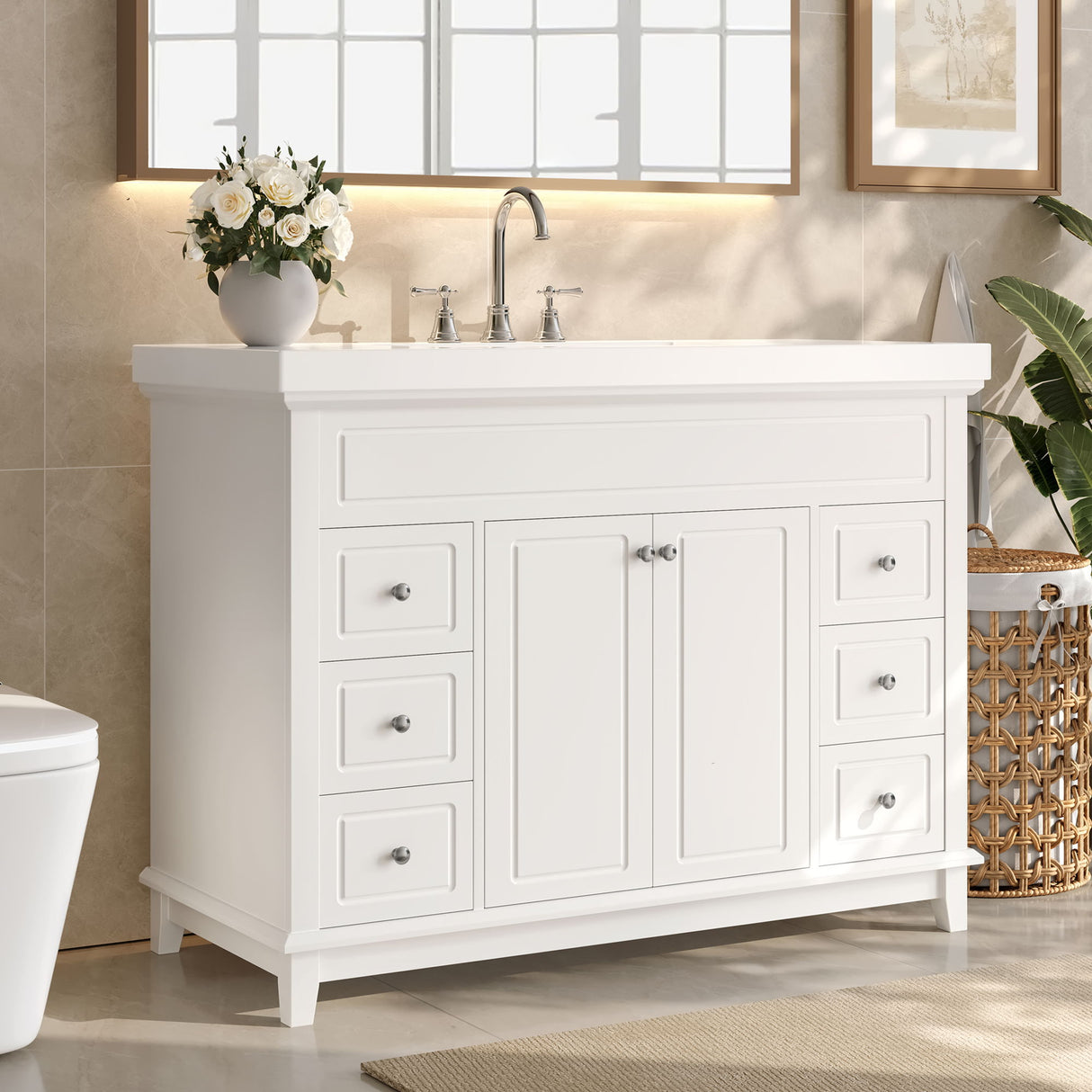Bathroom Vanity With Sink, 6 Soft Close Drawers & Double Doors - White