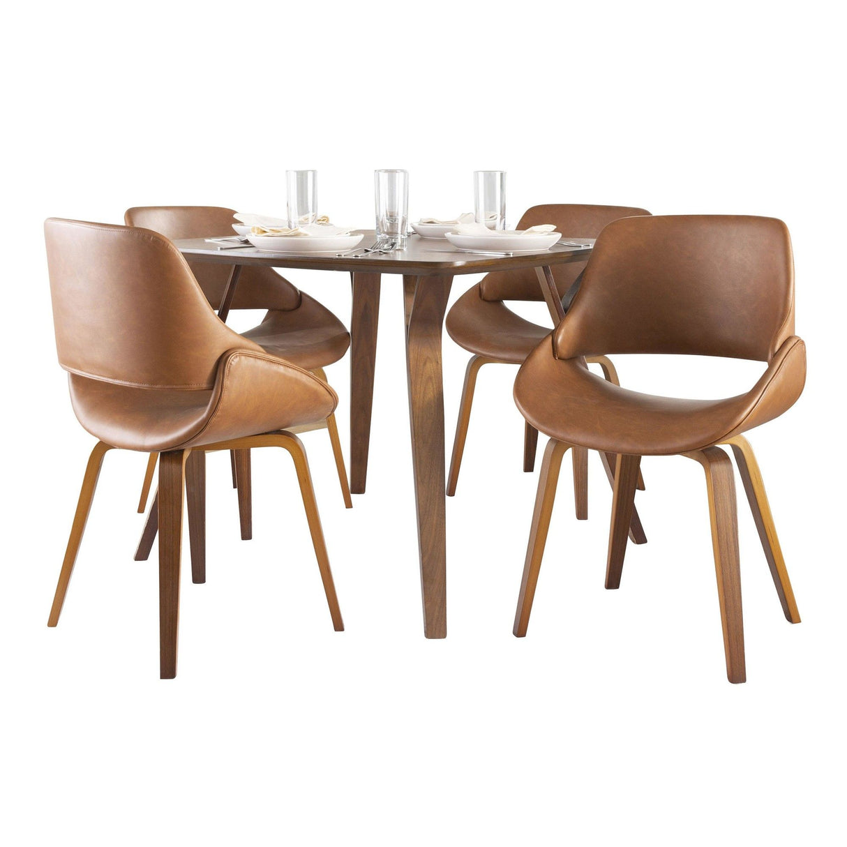 Folia - Fabrico Mid-Century Modern Square 5 Piece Dining Room Set - Walnut Wood With Camel Faux Leather