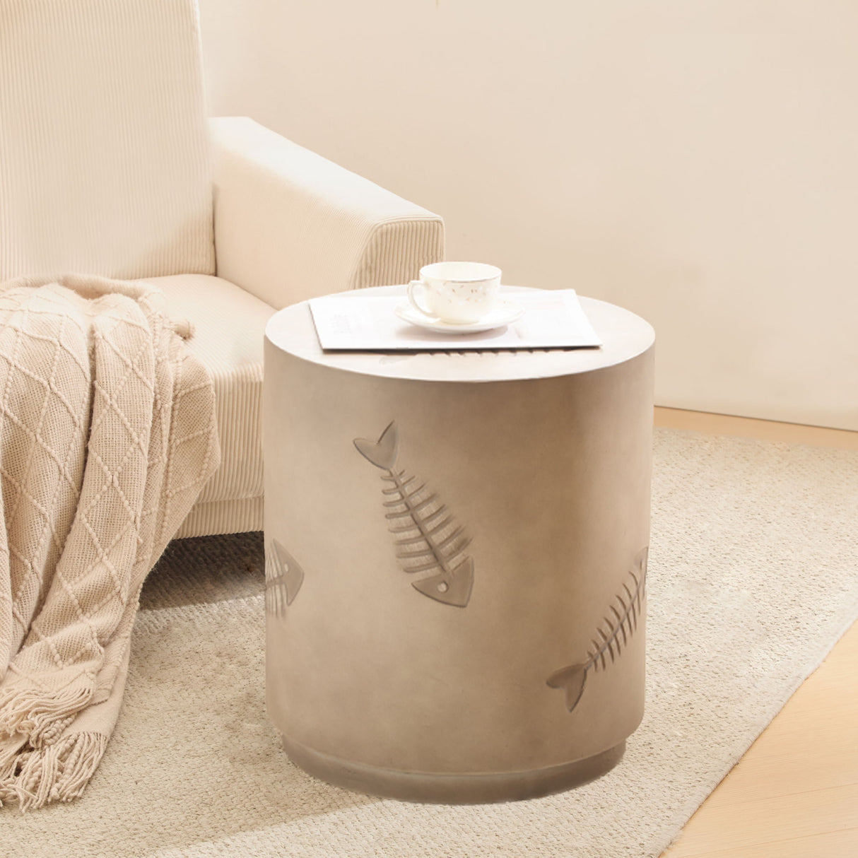 Rustic Magnesium Oxide Side Table With Fish Pattern Design - Gray