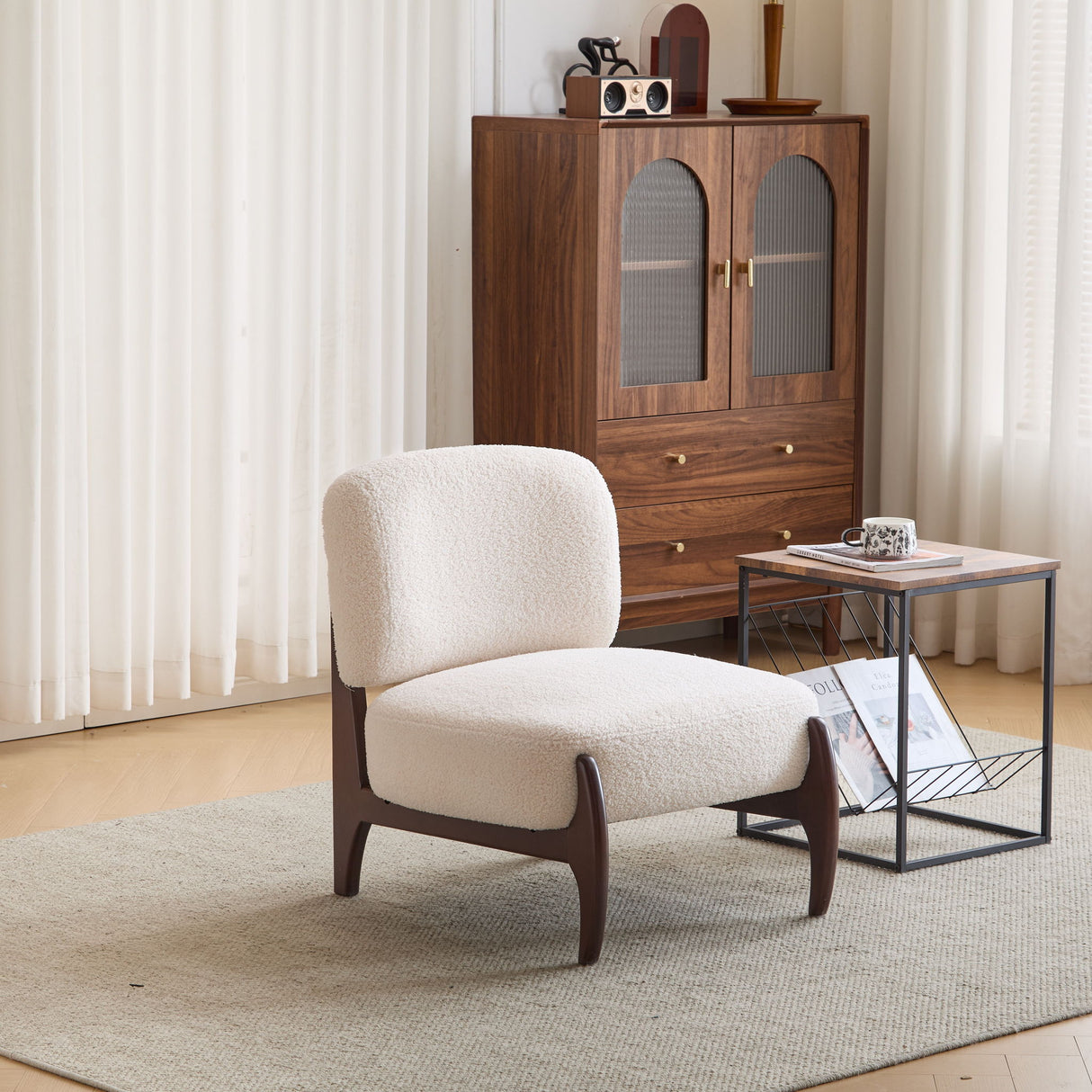 Modern Boucle Lounge Chair With Solid Wood Fram
