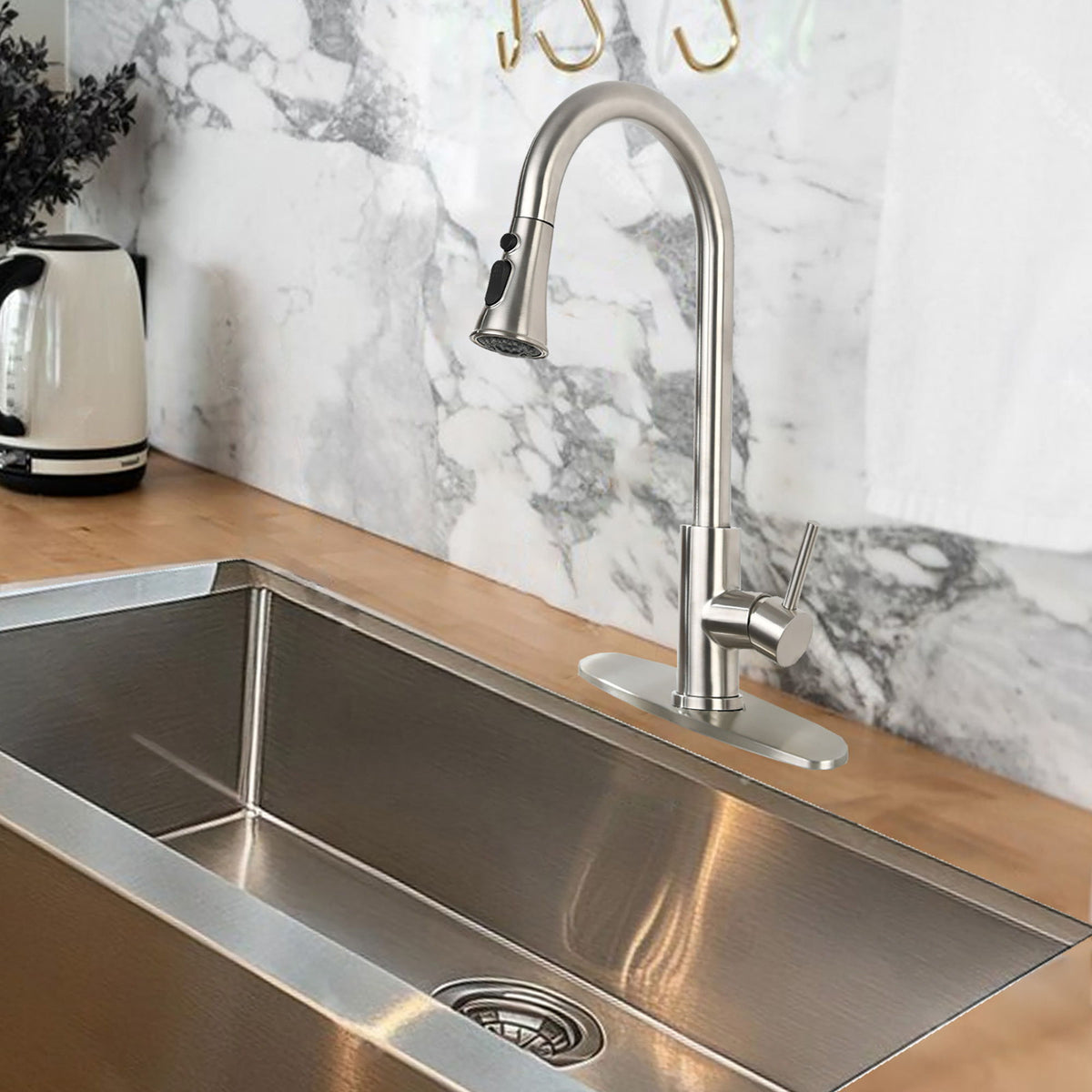 Classic High Arc Kitchen Faucet With Pull Down Sprayer, Stainless Steel - Brushed Nickel