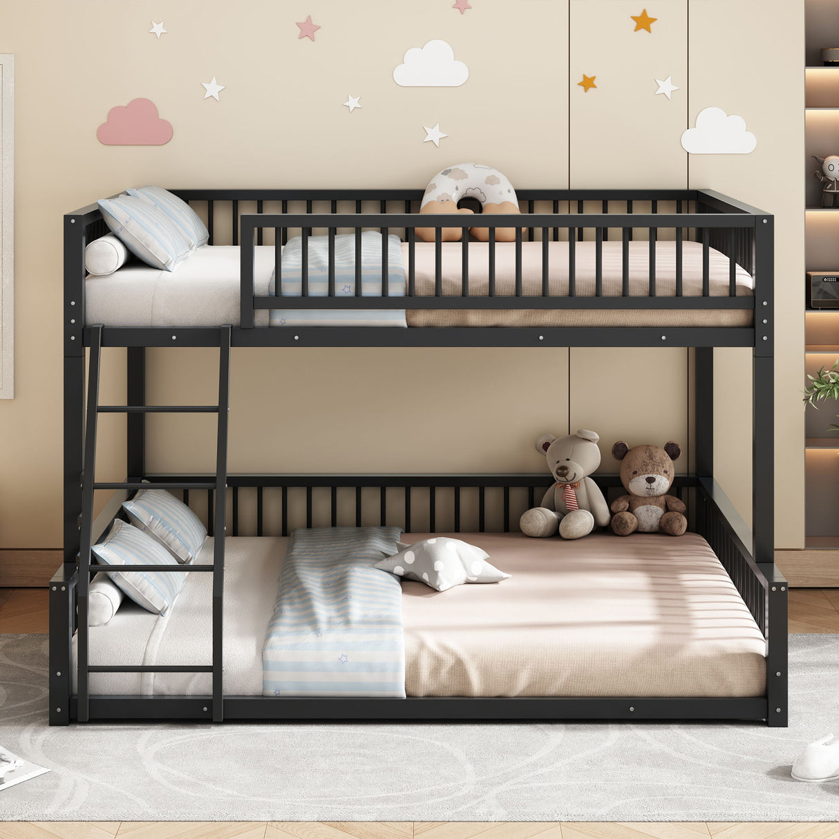 Bunk Bed Frame With Ladder And Safety Guardrails