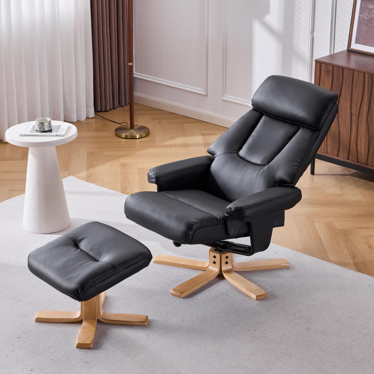Massage Recliner With Ottoman, 360° Swivel, Heat & Vibration - Black Pu