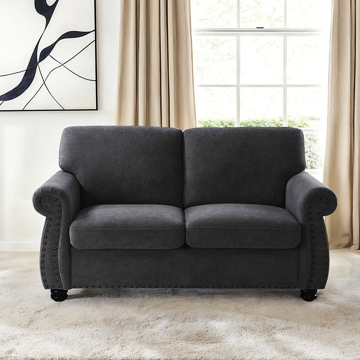 Soft Loveseat, Upholstered 2 Seater Couch, Loose Back Cushions And Turned Legs