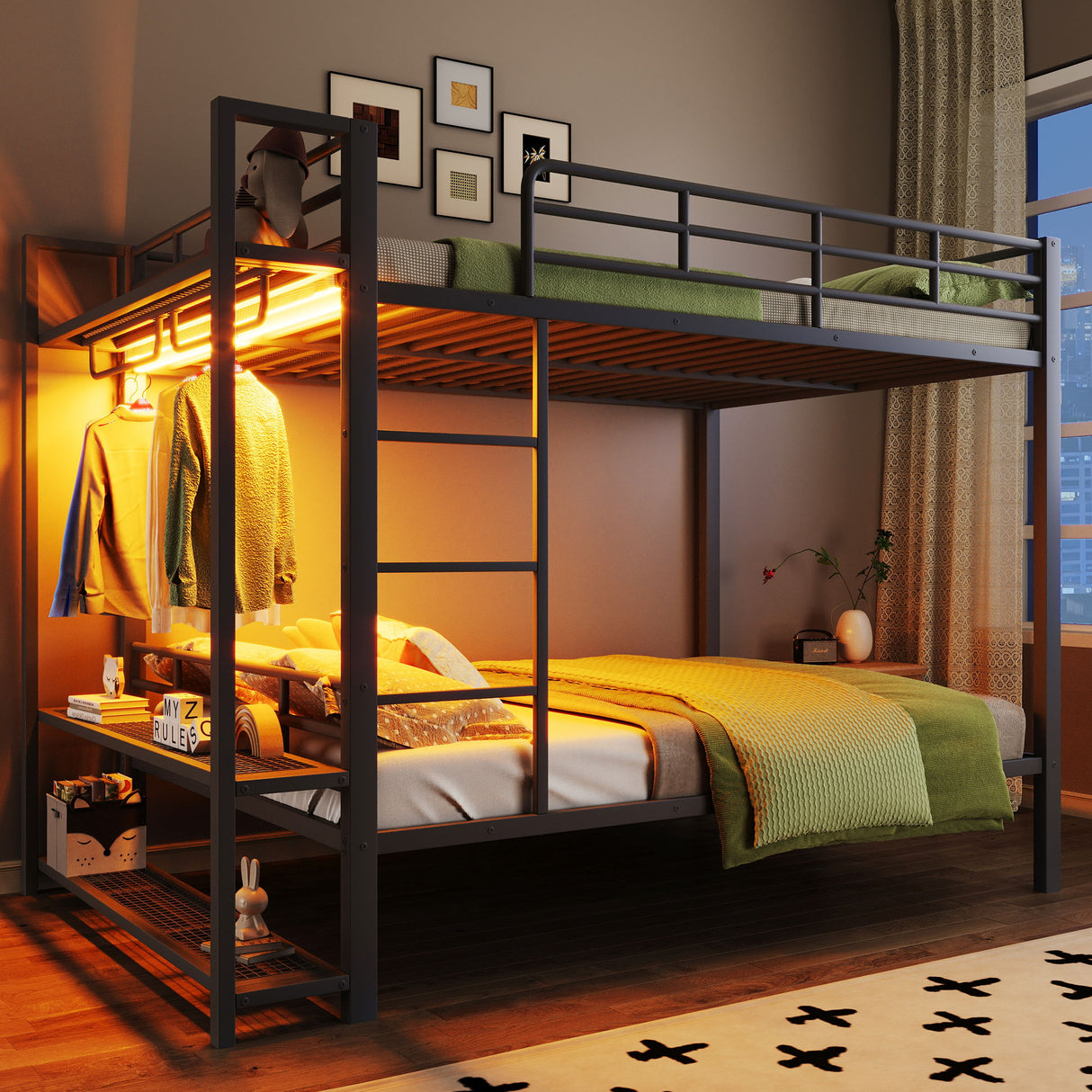 Bunk Bed With Storage Shelves, Clothes Hooks, LED Light