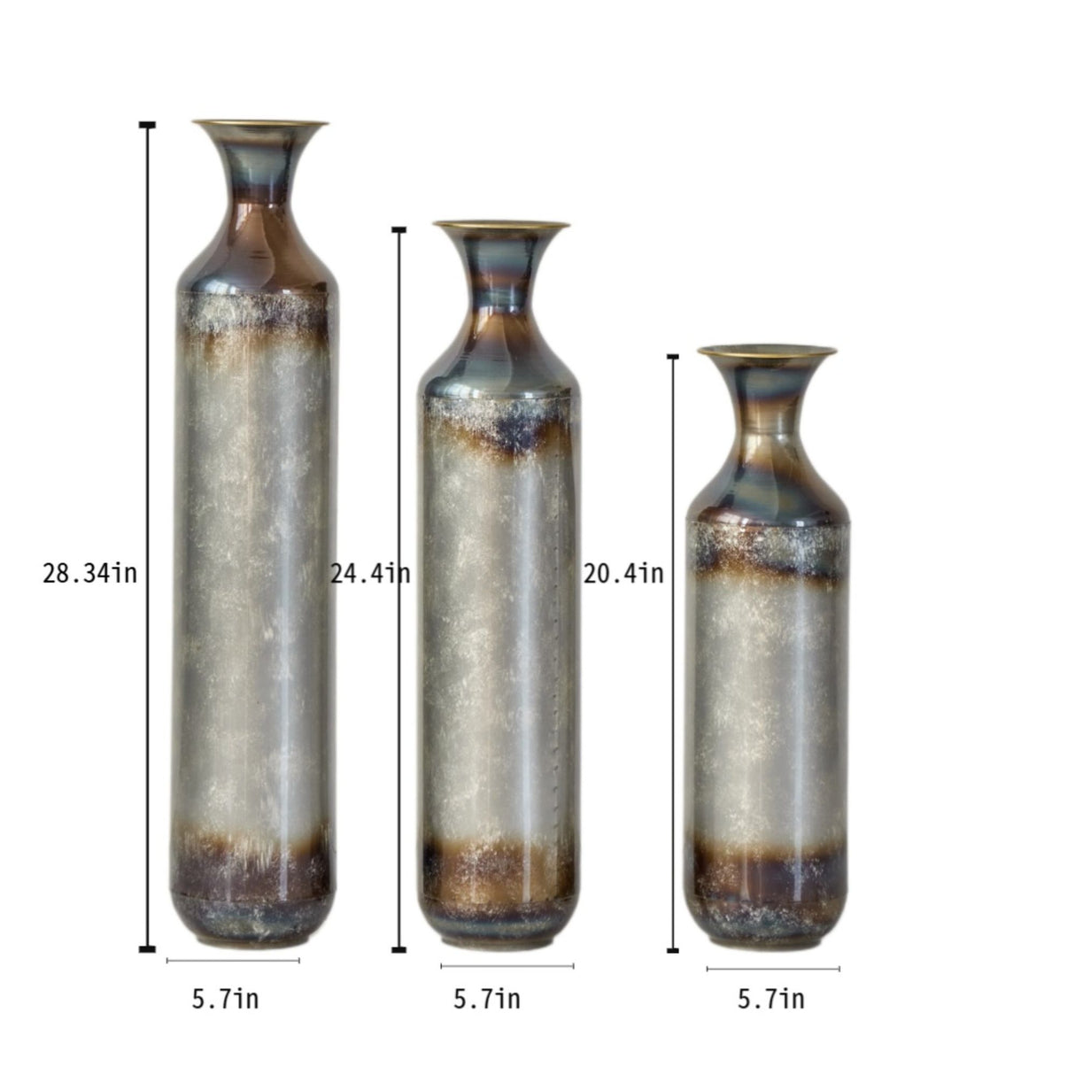 Modern Droplet Shaped Floor Vase Set, Glazed Metal Decorative Vases 3 Piece Home Accent For Living Room - Gold / White