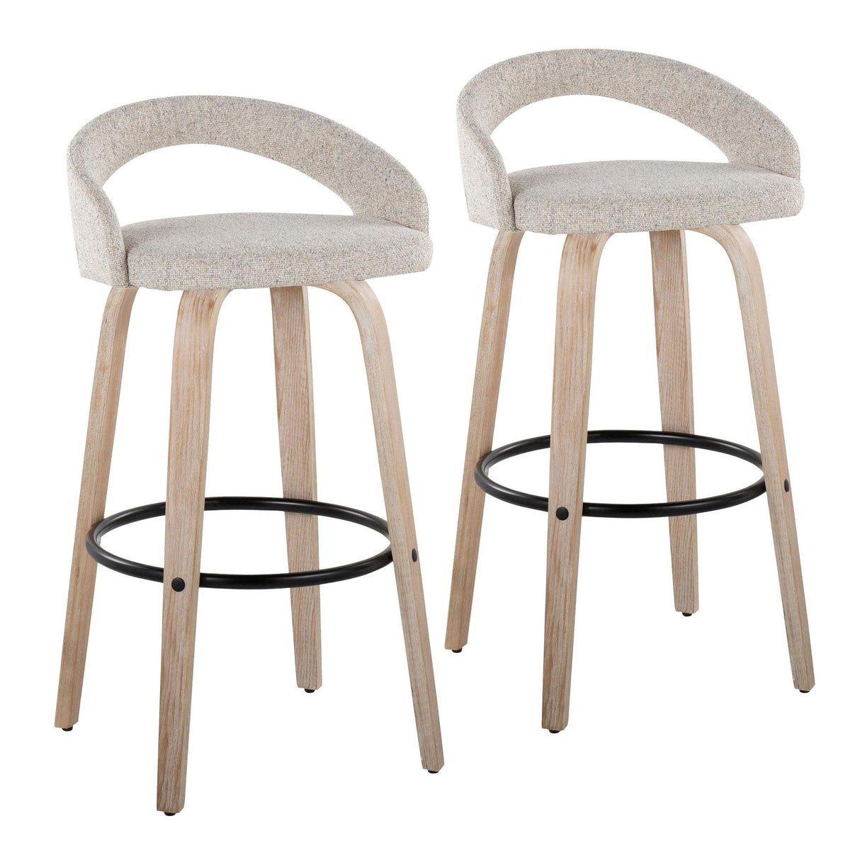 Grotto - Upholstered Fixed-Height Barstool (Set of 2) - Whitewashed Wood, Black Metal