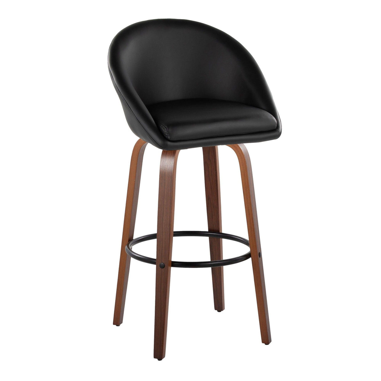 Matisse - 30" Highback Fixed-Height Barstool With Round Black Metal Footrest (Set of 2) - Walnut Wood