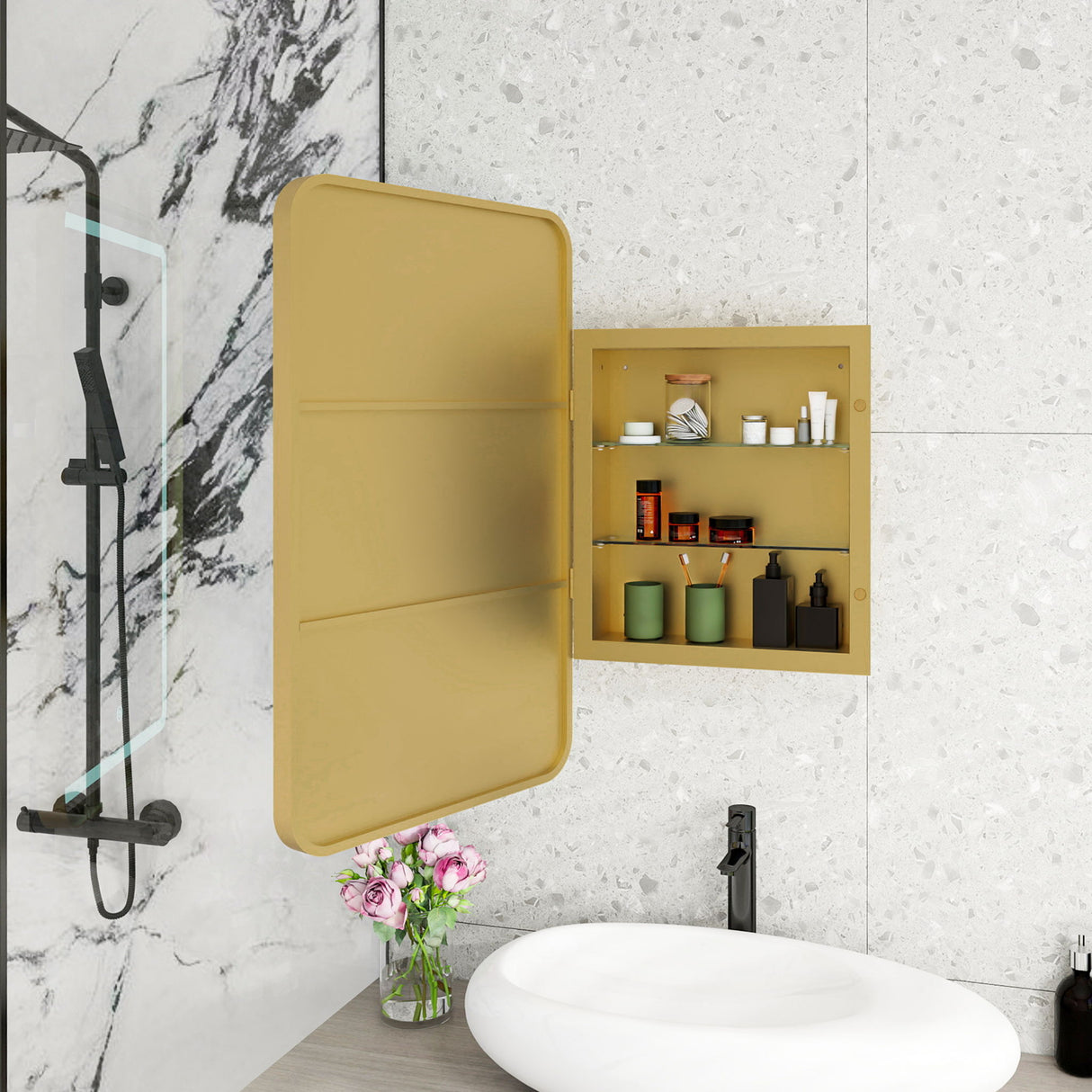 Rectangle Medicine Cabinet Mirror Bathroom Mirror With Storage Wall Mounted Medicine Mirror Cabinet With LED - Gold